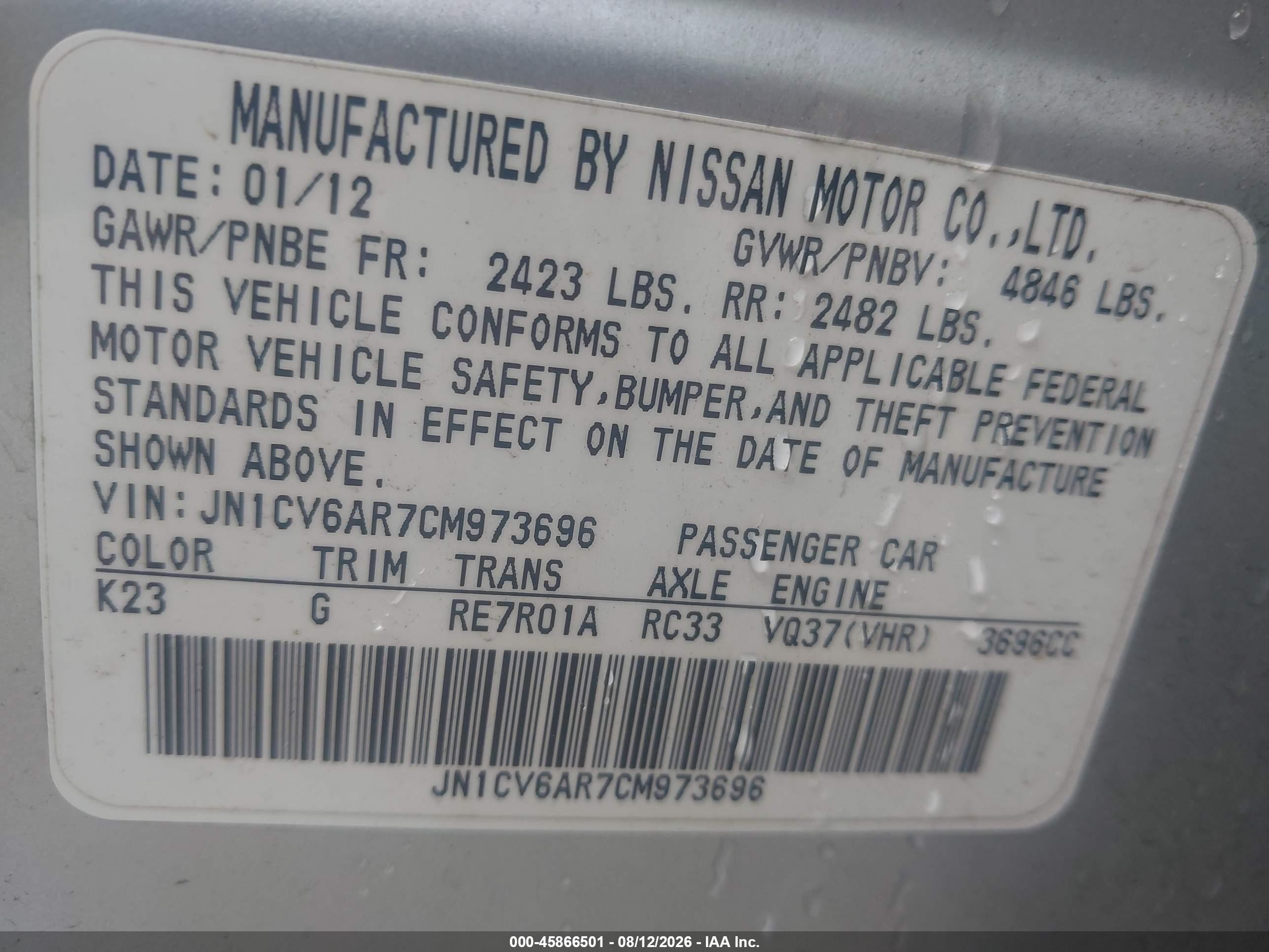 2012 Infiniti G37x   Silver vin: JN1CV6AR7CM973696
