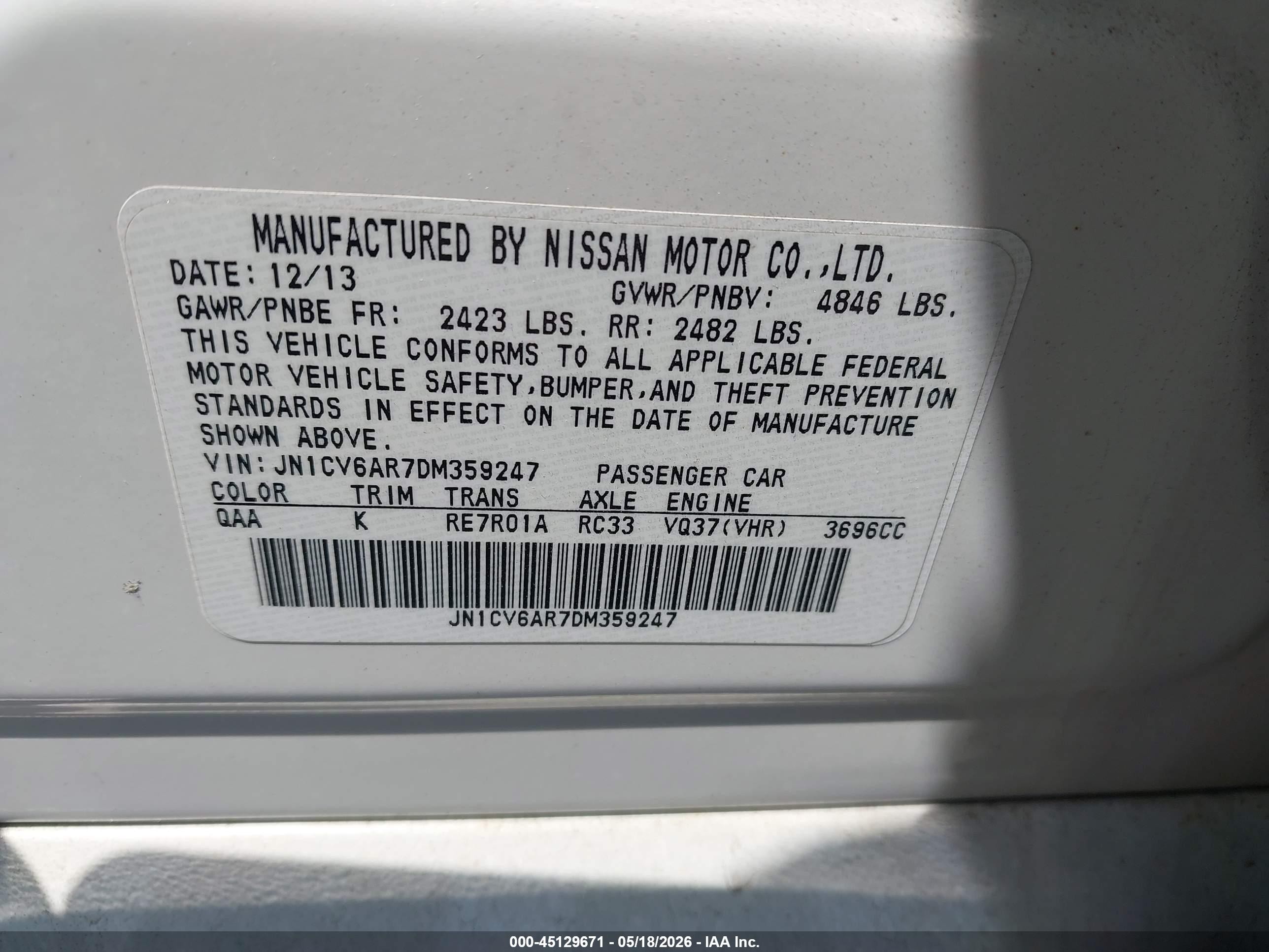 2013 Infiniti G37x   Белый vin: JN1CV6AR7DM359247