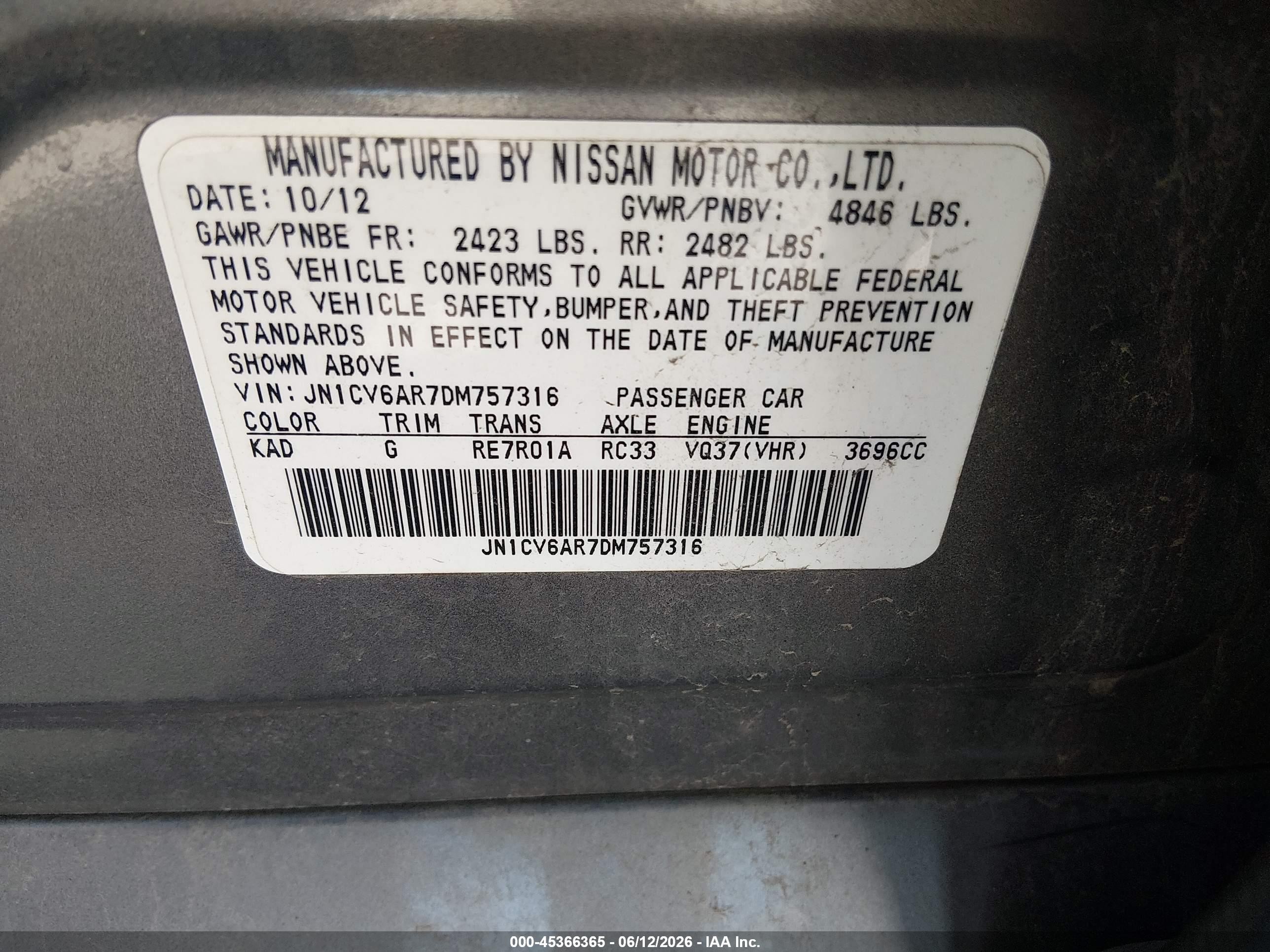 2013 Infiniti G37x   Gray vin: JN1CV6AR7DM757316