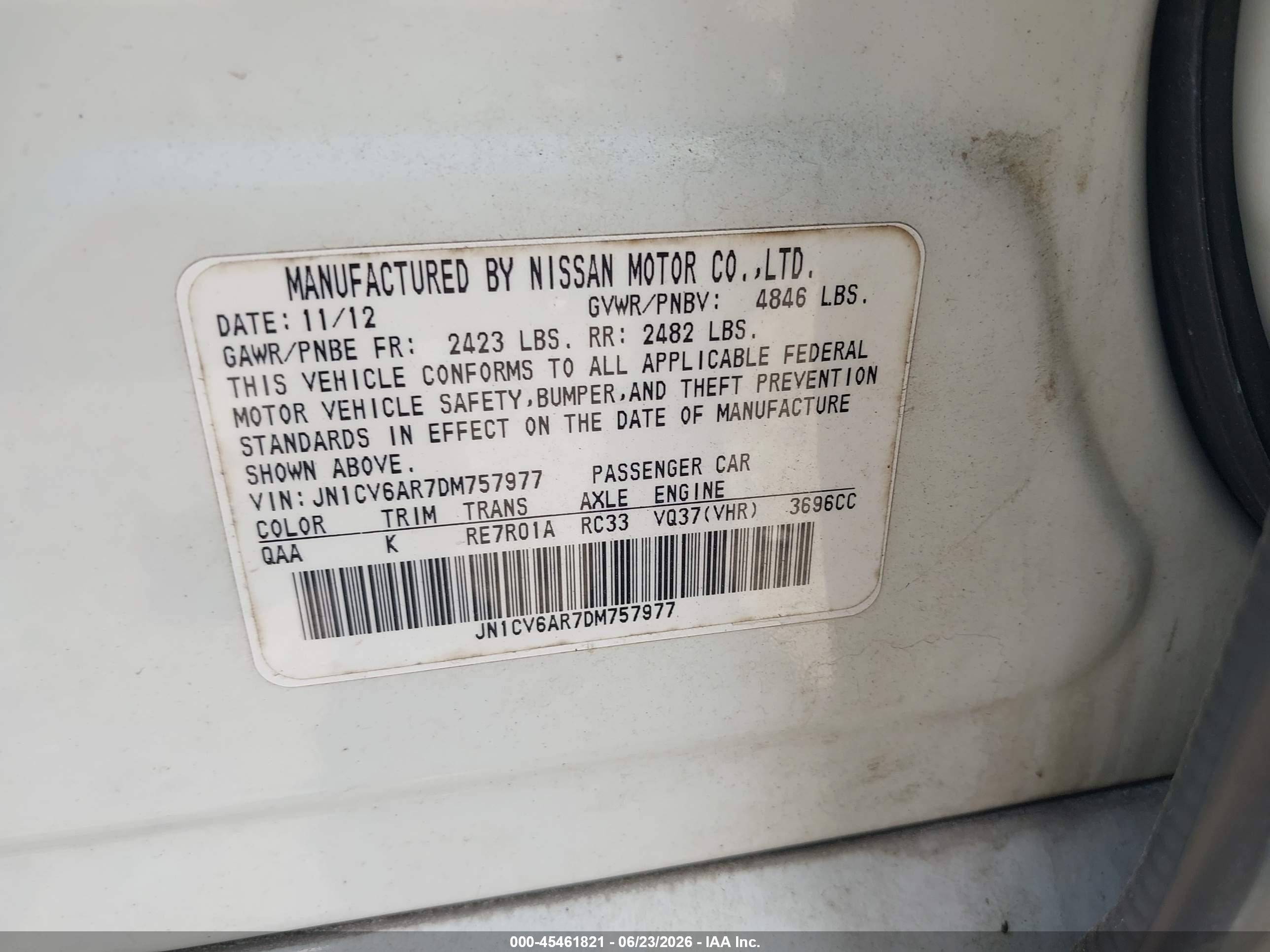 2013 Infiniti G37x   Белый vin: JN1CV6AR7DM757977