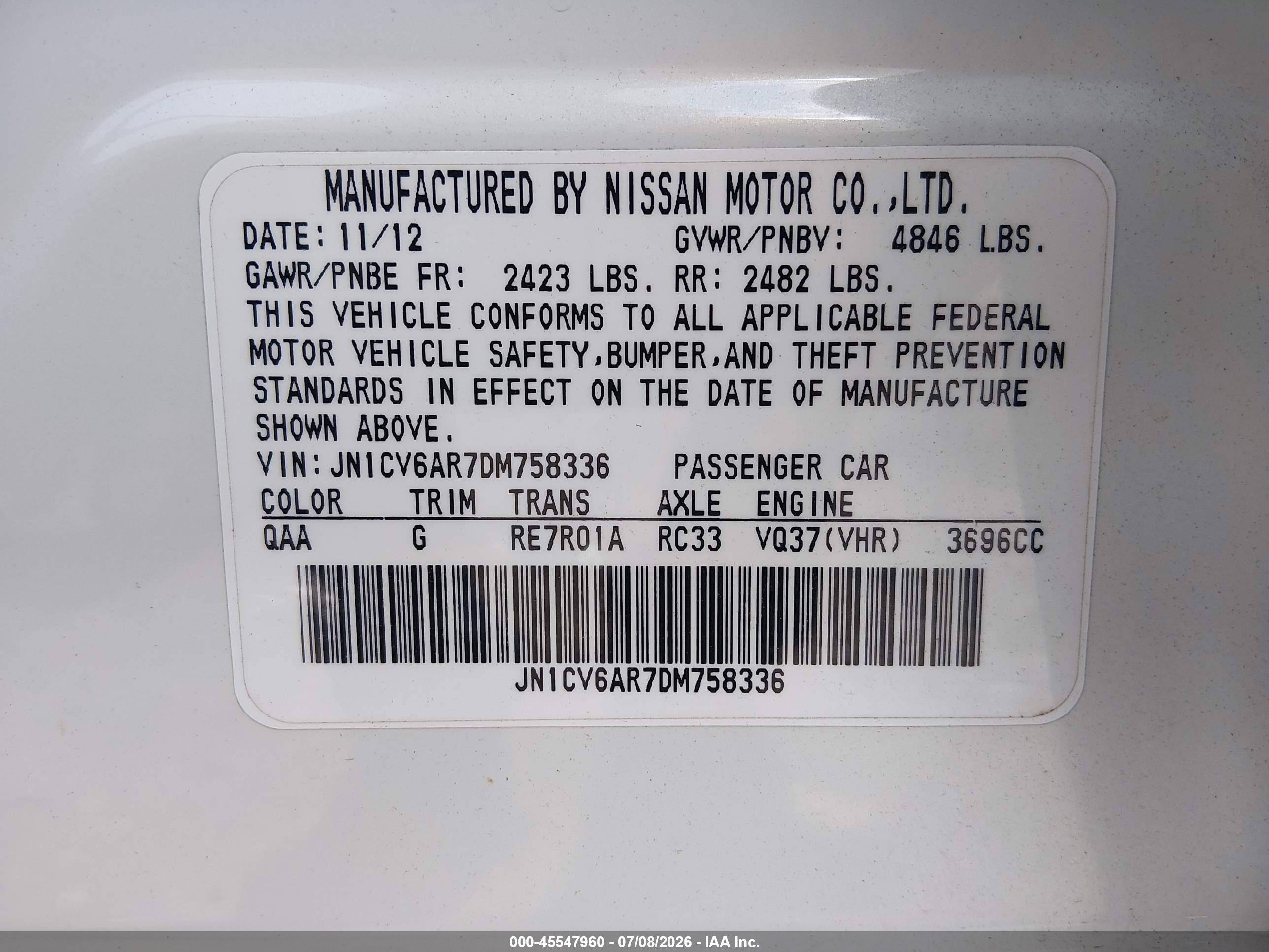 2013 Infiniti G37x   White vin: JN1CV6AR7DM758336