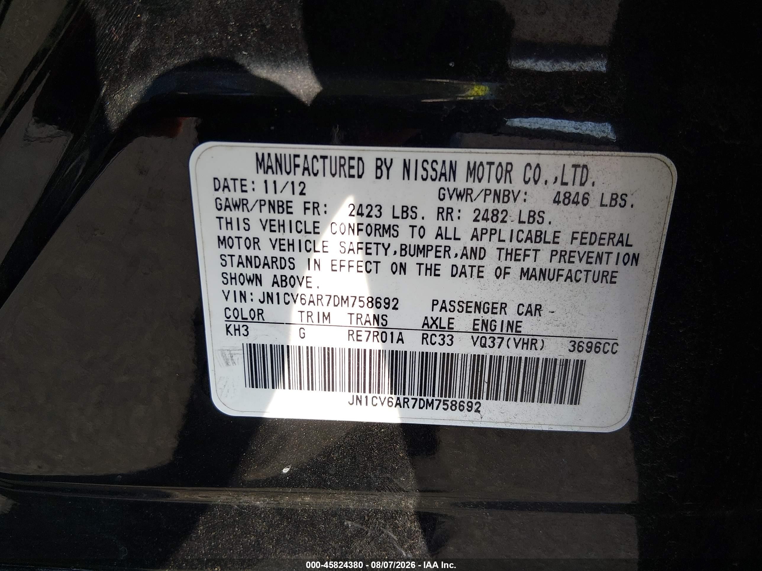 2013 Infiniti G37x   Black vin: JN1CV6AR7DM758692