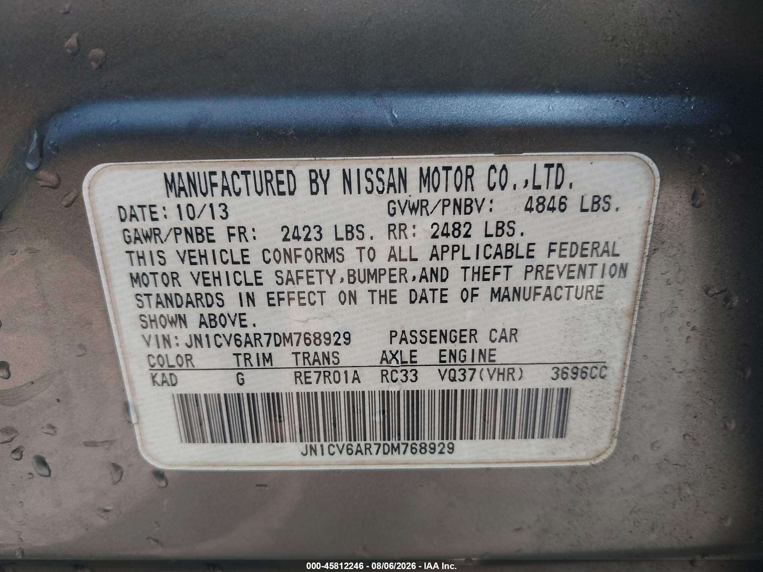 2013 Infiniti G37x Gray vin: JN1CV6AR7DM768929