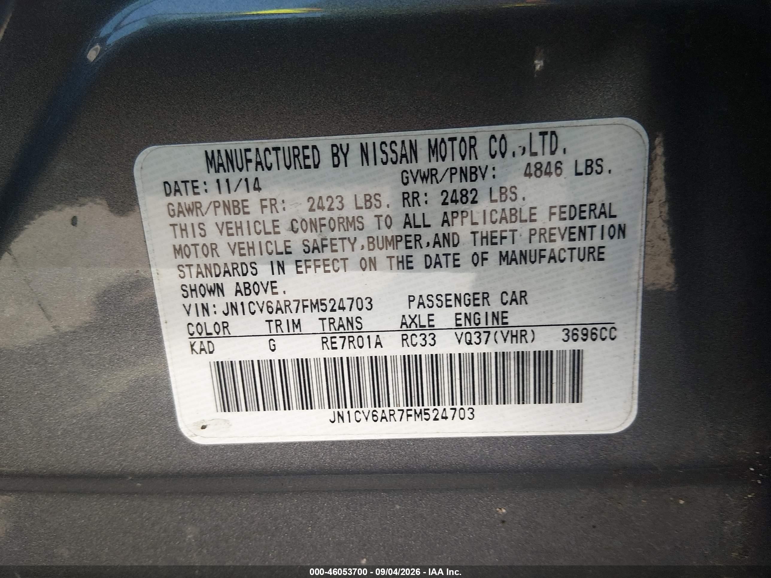 2015 Infiniti Q40   Gray vin: JN1CV6AR7FM524703