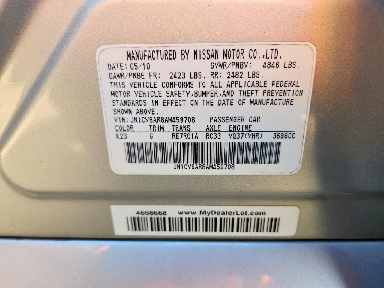 2010 Infiniti G37 Sedan X Silver vin: JN1CV6AR8AM459708