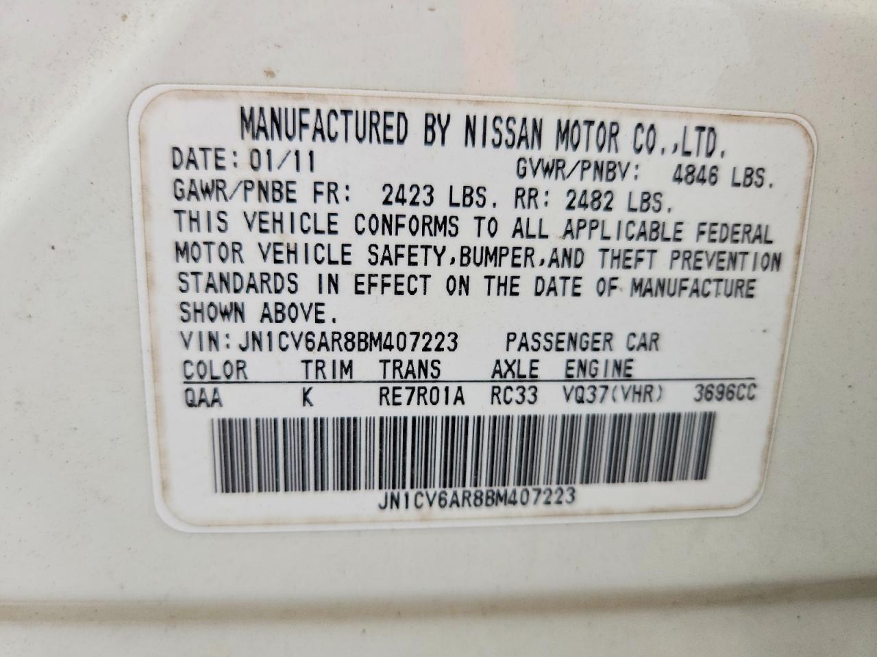 2011 Infiniti G37 Sedan X White vin: JN1CV6AR8BM407223