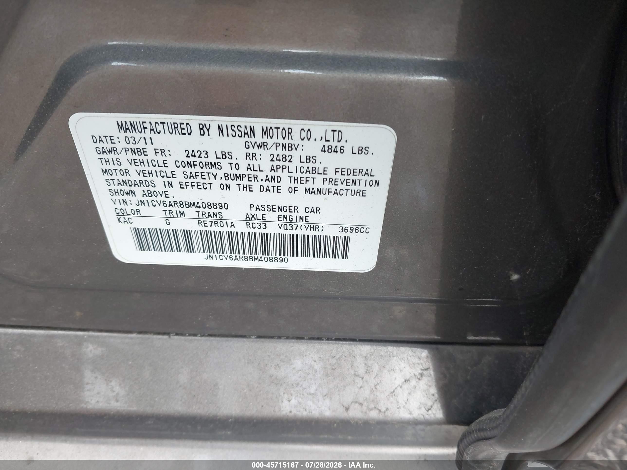 2011 Infiniti G37x   Gray vin: JN1CV6AR8BM408890