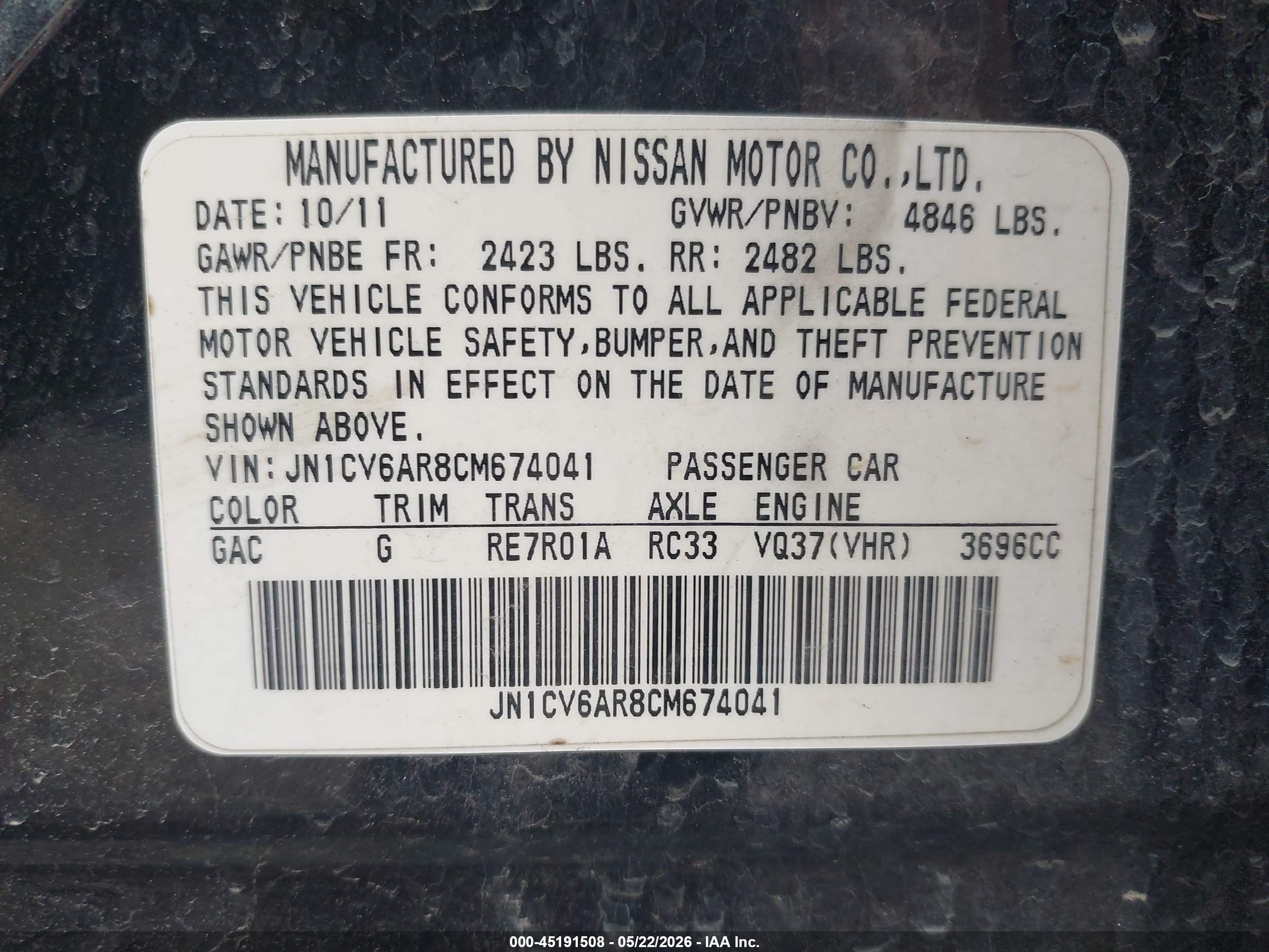 2012 Infiniti G37x   Black vin: JN1CV6AR8CM674041