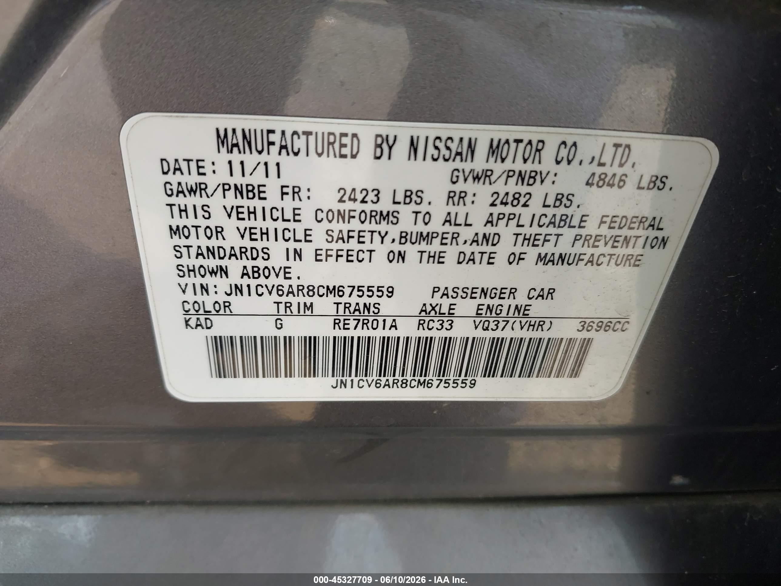 2012 Infiniti G37x   Gray vin: JN1CV6AR8CM675559