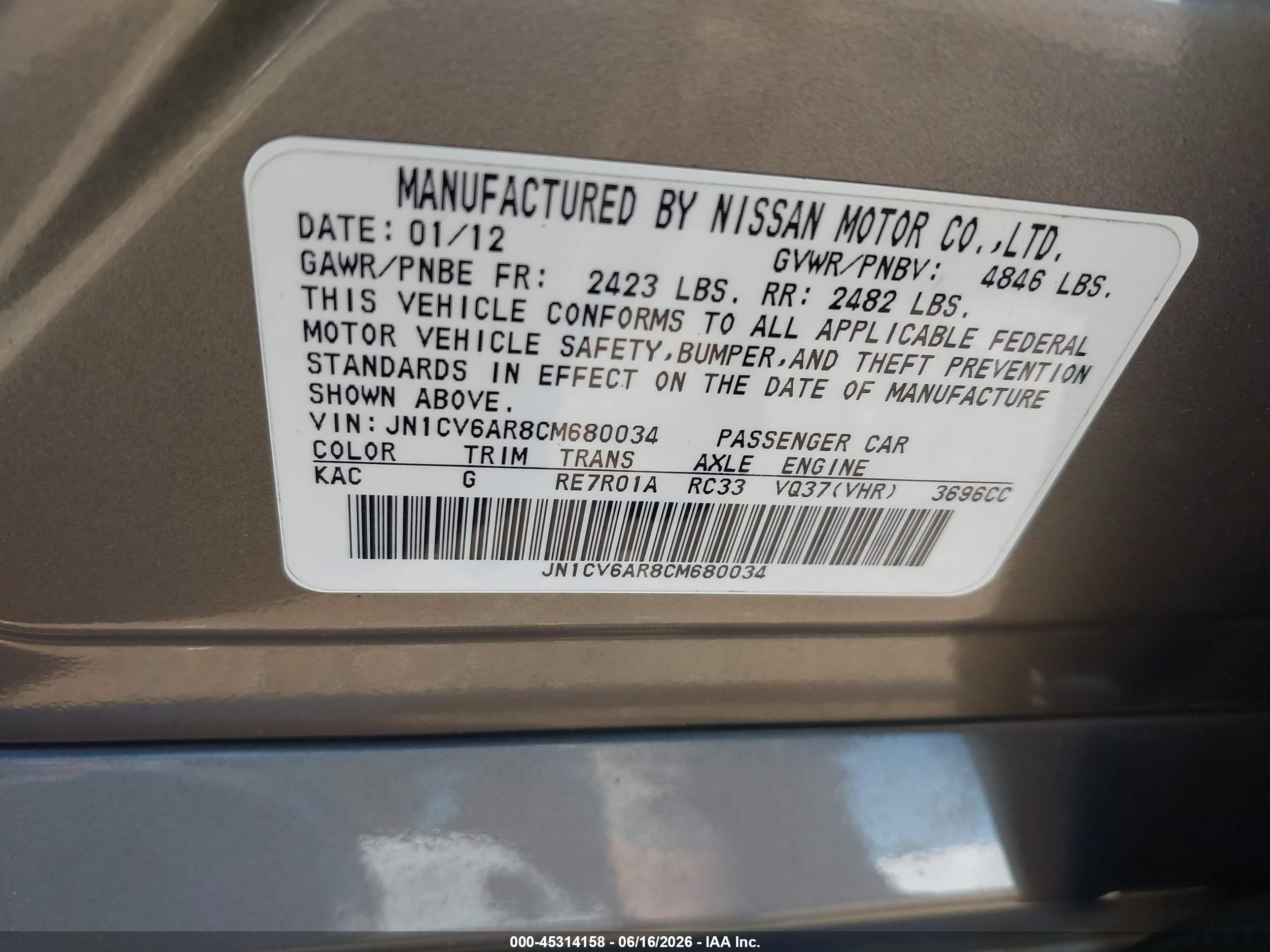 2012 Infiniti G37x   Silver vin: JN1CV6AR8CM680034