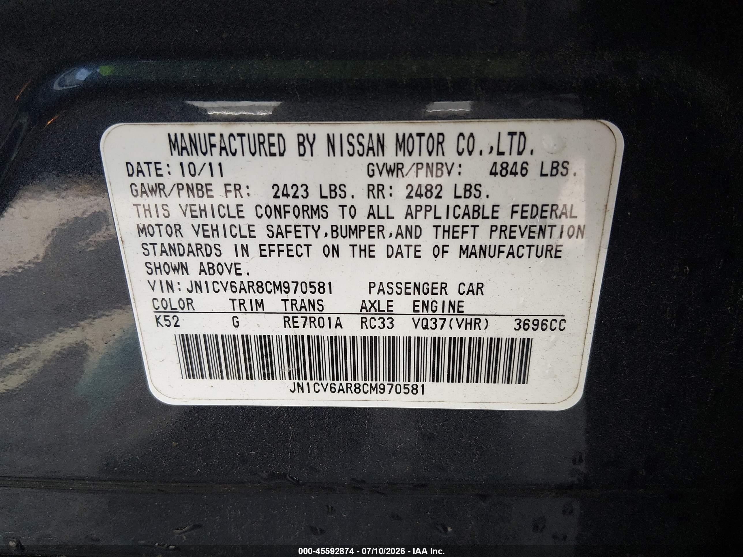2012 Infiniti G37x   Gray vin: JN1CV6AR8CM970581