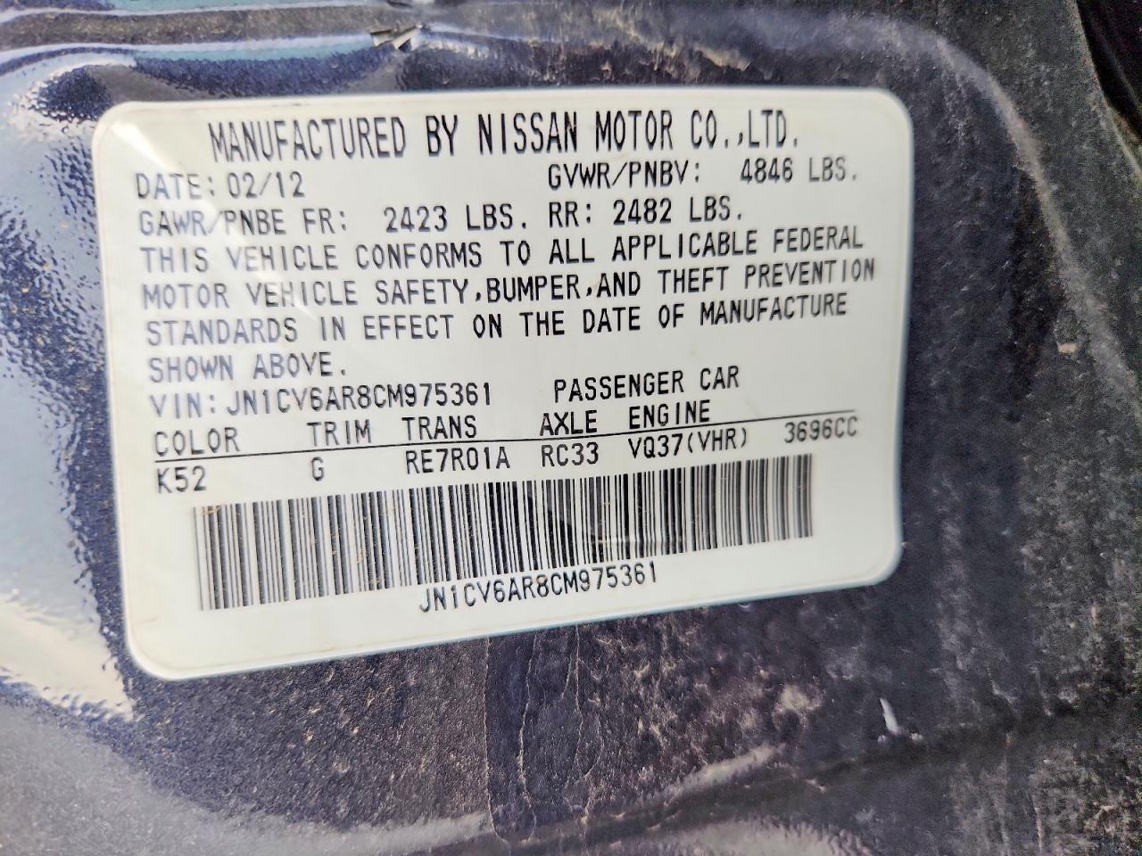 2012 Infiniti G37 Sedan X Charcoal vin: JN1CV6AR8CM975361
