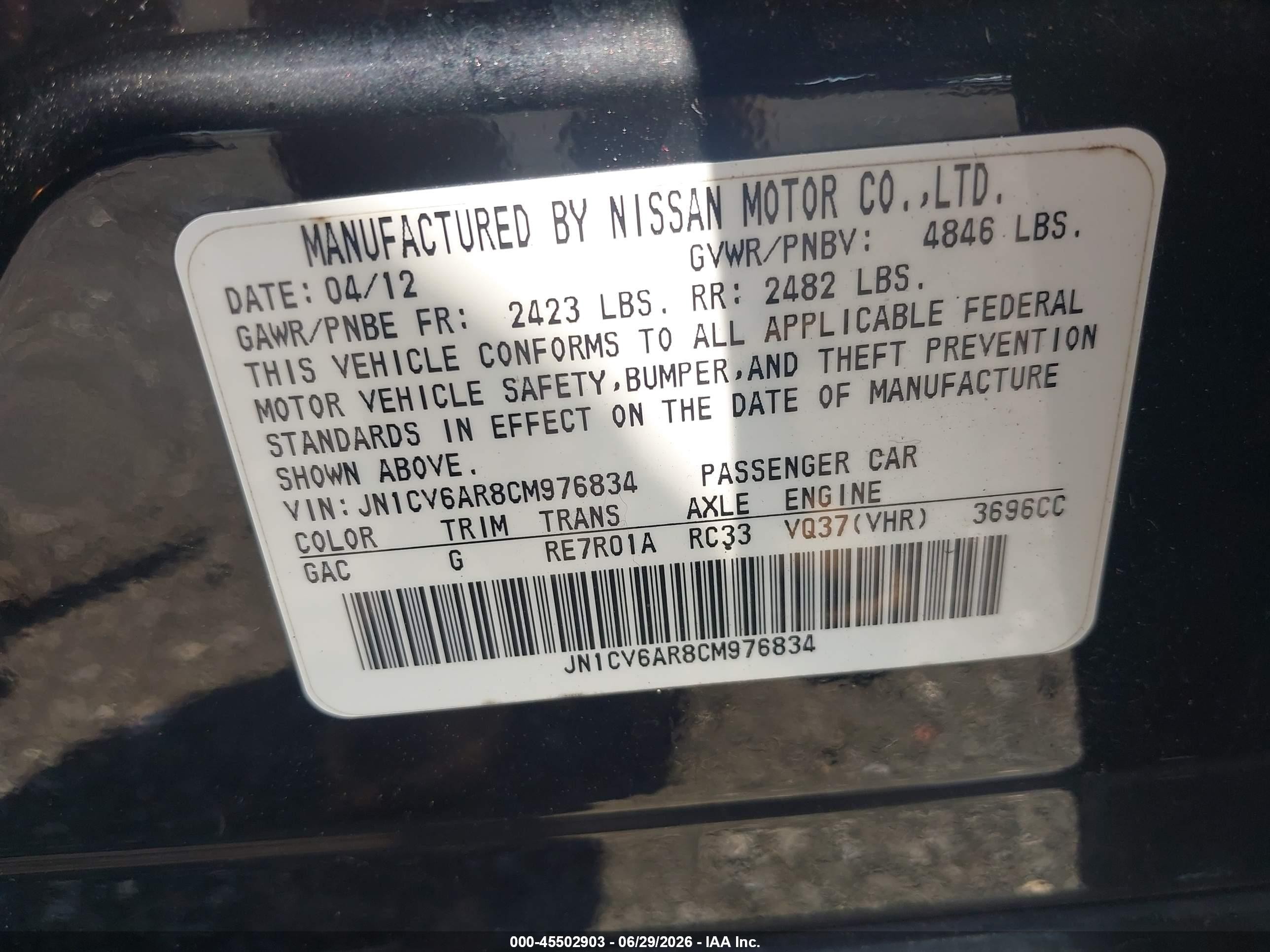 2012 Infiniti G37x   Black vin: JN1CV6AR8CM976834