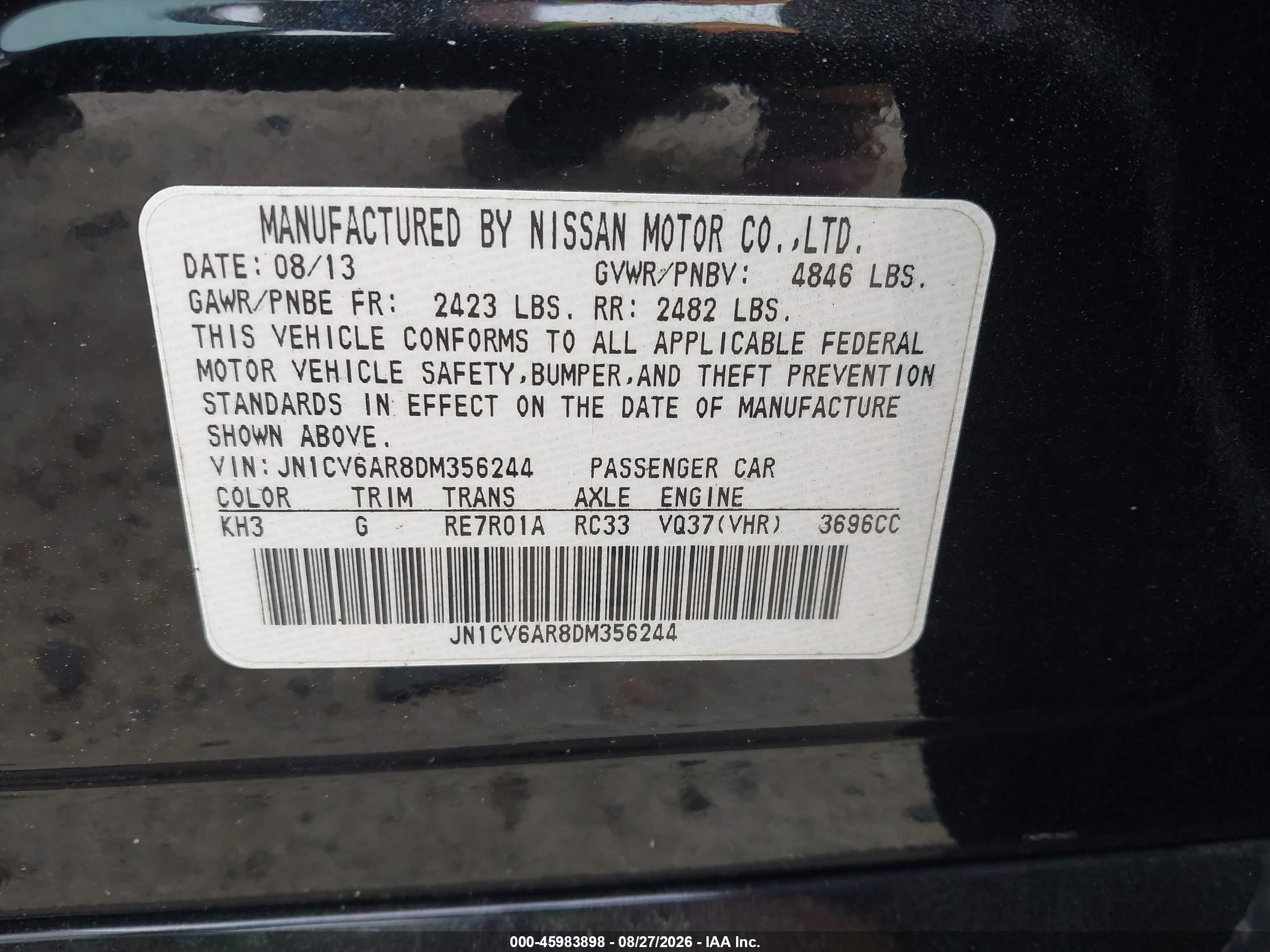 2013 Infiniti G37x   Black vin: JN1CV6AR8DM356244