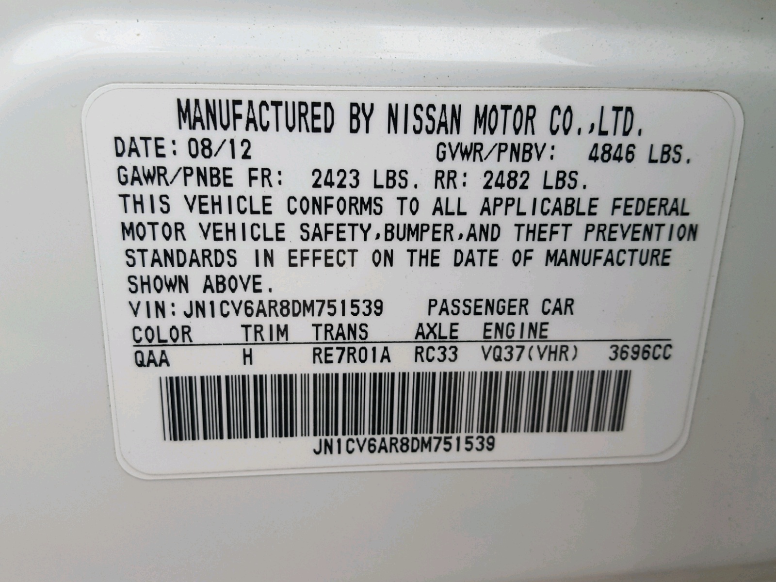 2013 Infiniti G37  White vin: JN1CV6AR8DM751539