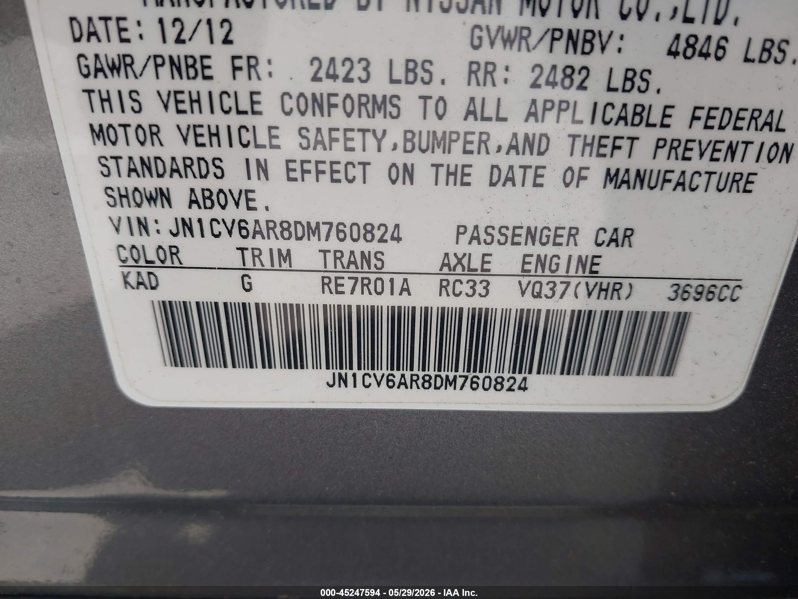 2013 Infiniti G37x   Серый vin: JN1CV6AR8DM760824