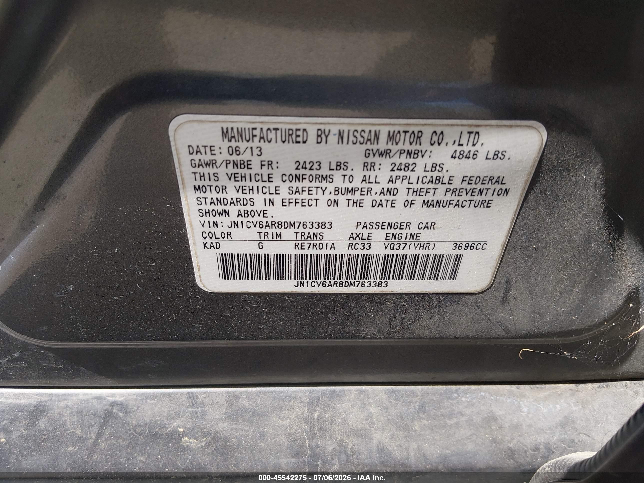 2013 Infiniti G37x   Gray vin: JN1CV6AR8DM763383