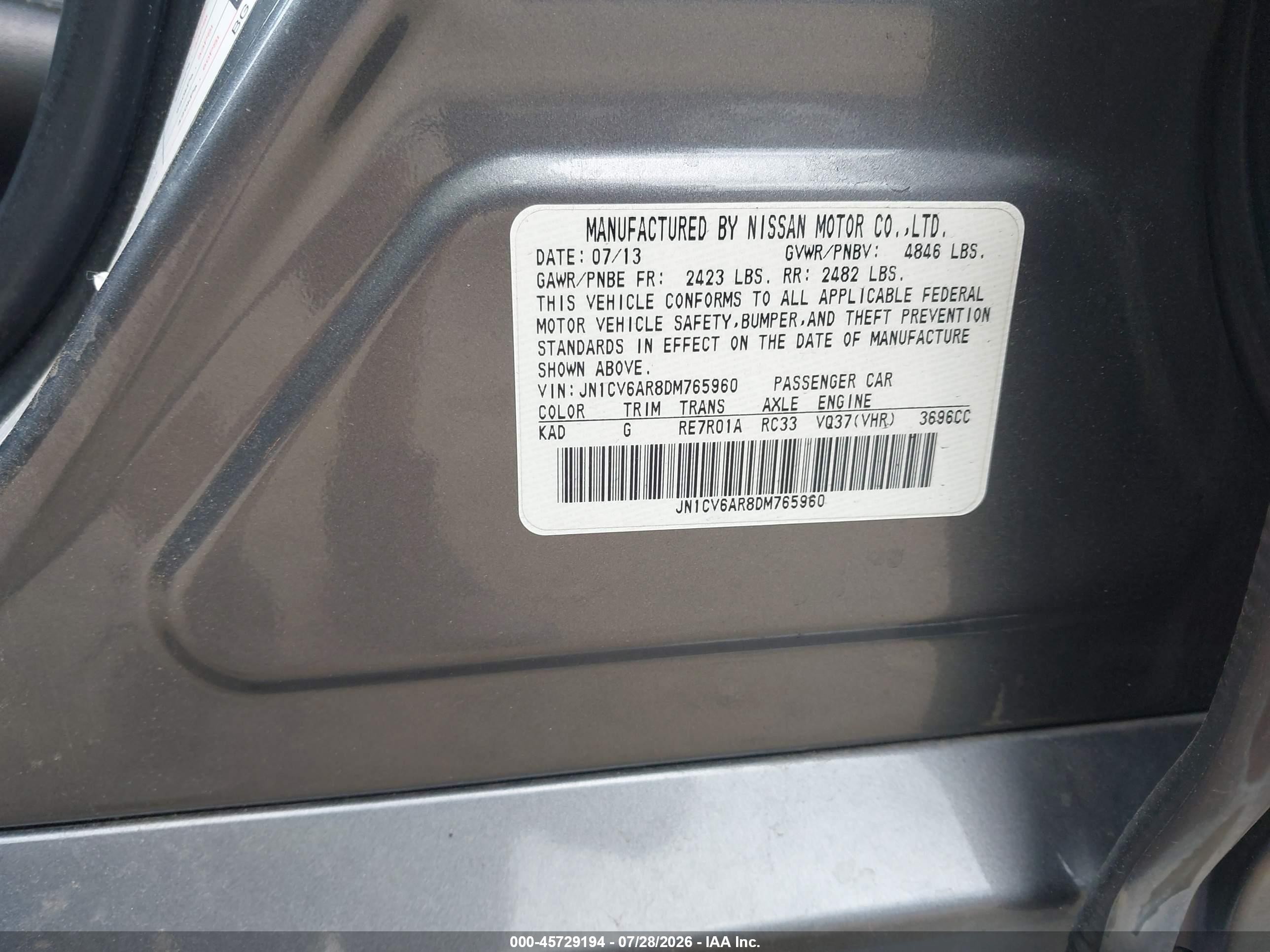 2013 Infiniti G37x   Gray vin: JN1CV6AR8DM765960