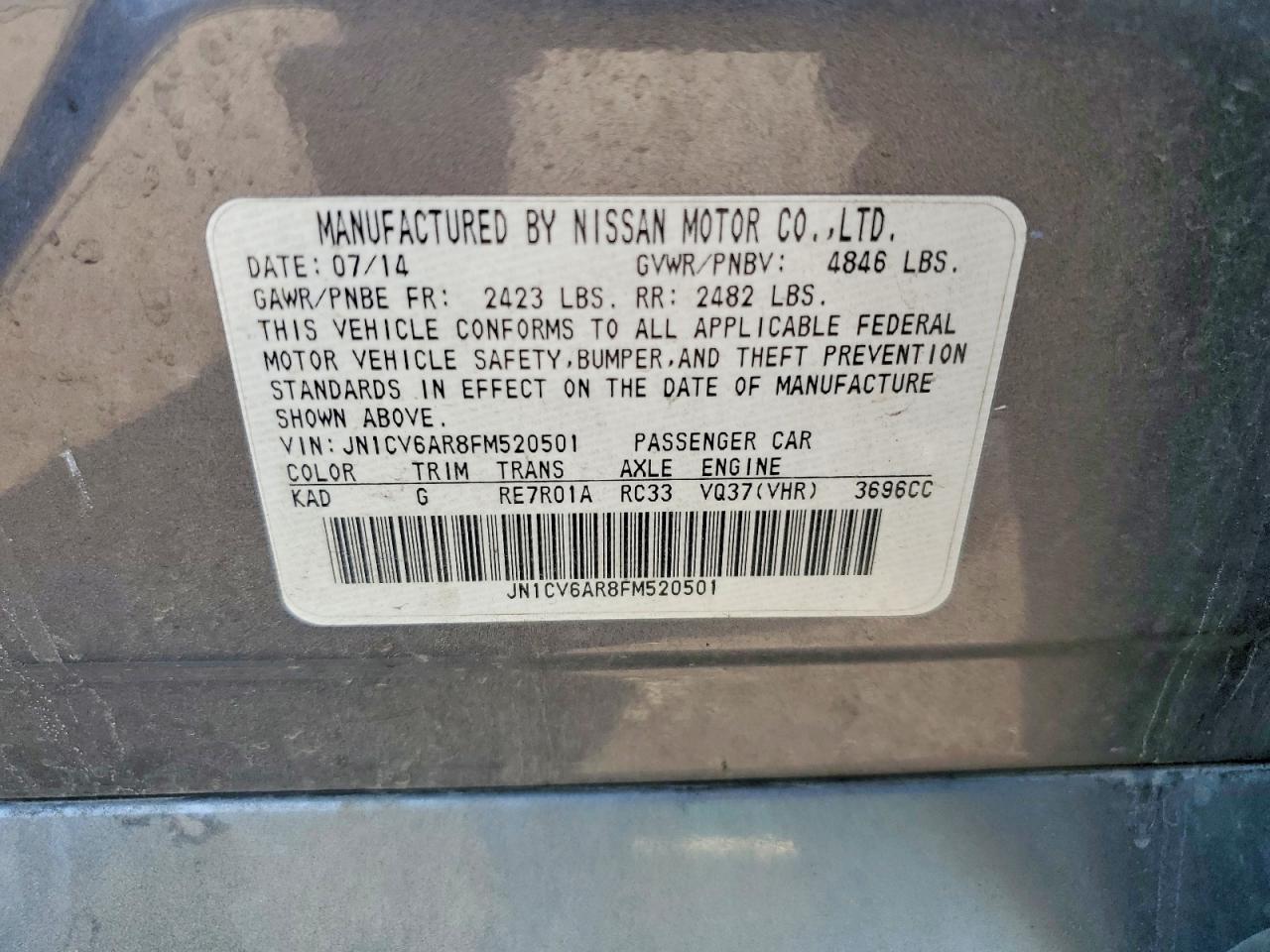 2015 Infiniti Q40 Base Gray vin: JN1CV6AR8FM520501