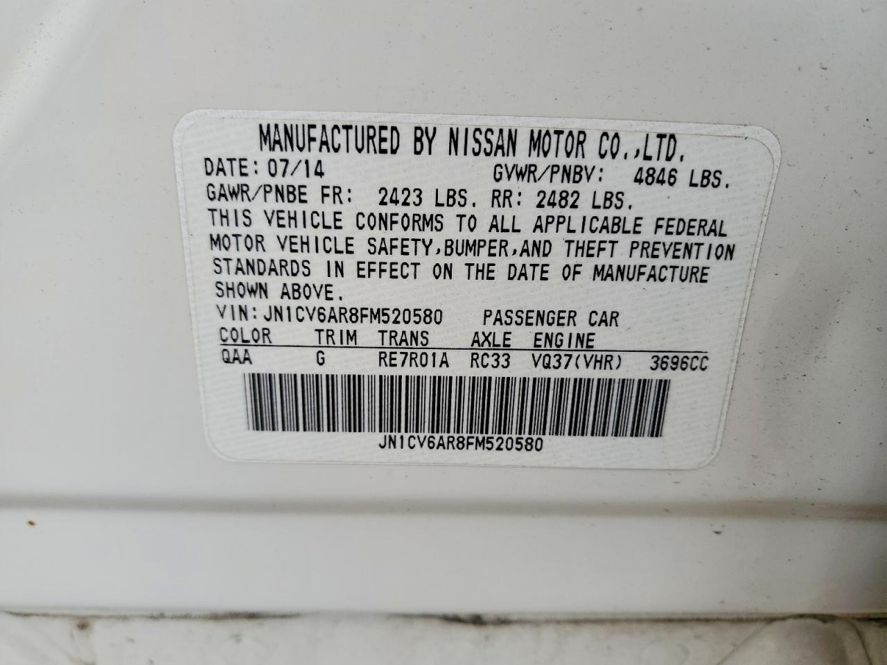 2015 Infiniti Q40 Base White vin: JN1CV6AR8FM520580