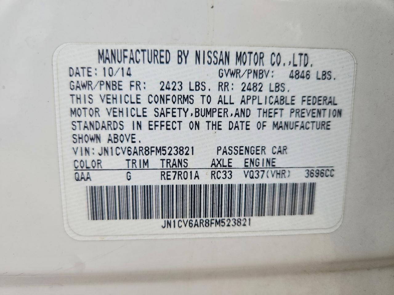 2015 Infiniti Q40 Base White vin: JN1CV6AR8FM523821