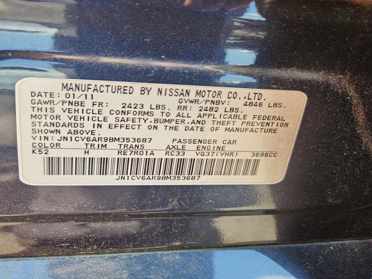 2011 Infiniti G37 Sedan X Blue vin: JN1CV6AR9BM353687