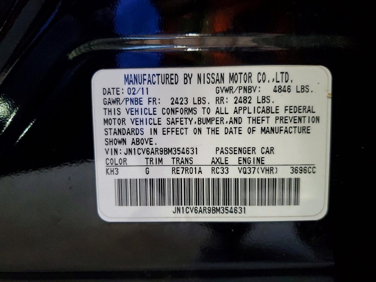 2011 Infiniti G37 Sedan X Black vin: JN1CV6AR9BM354631