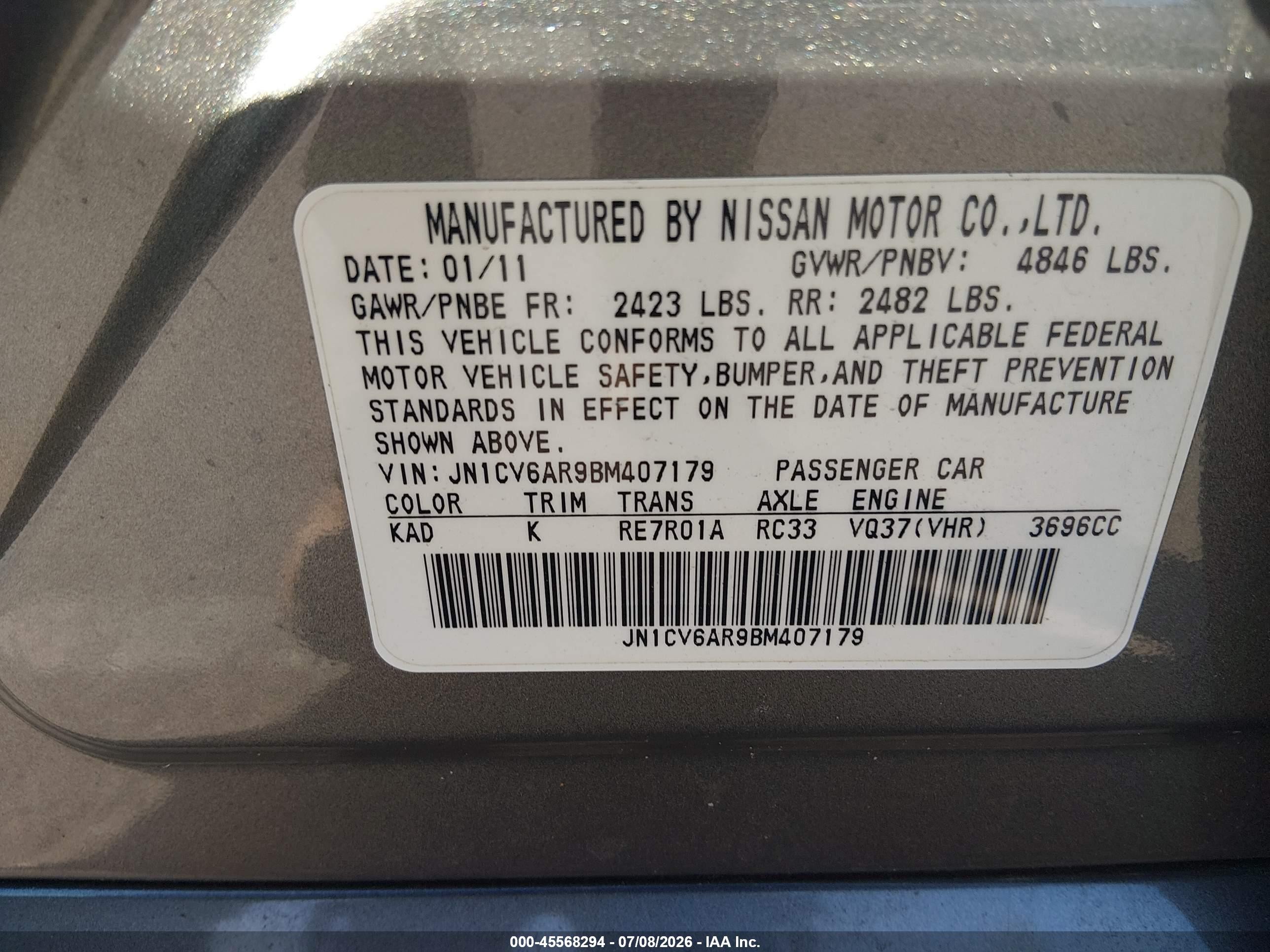 2011 Infiniti G37x   Gray vin: JN1CV6AR9BM407179