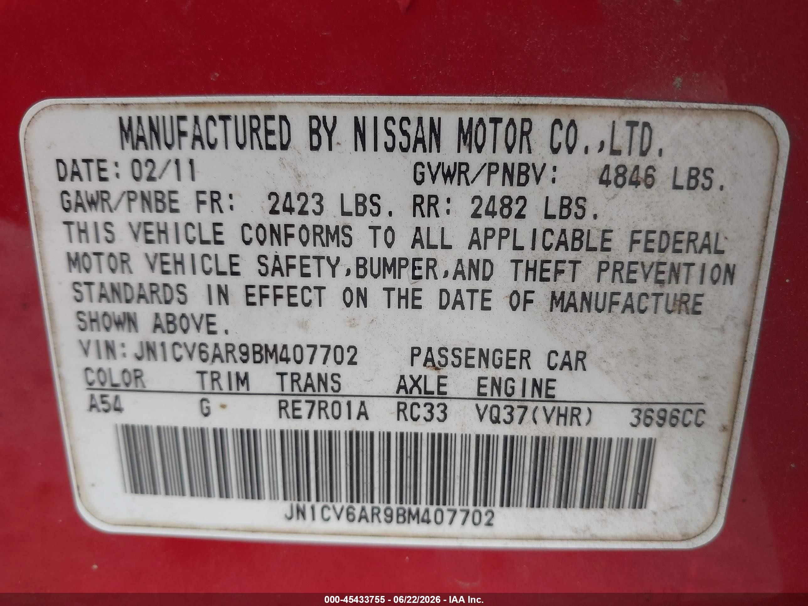 2011 Infiniti G37x   Red vin: JN1CV6AR9BM407702