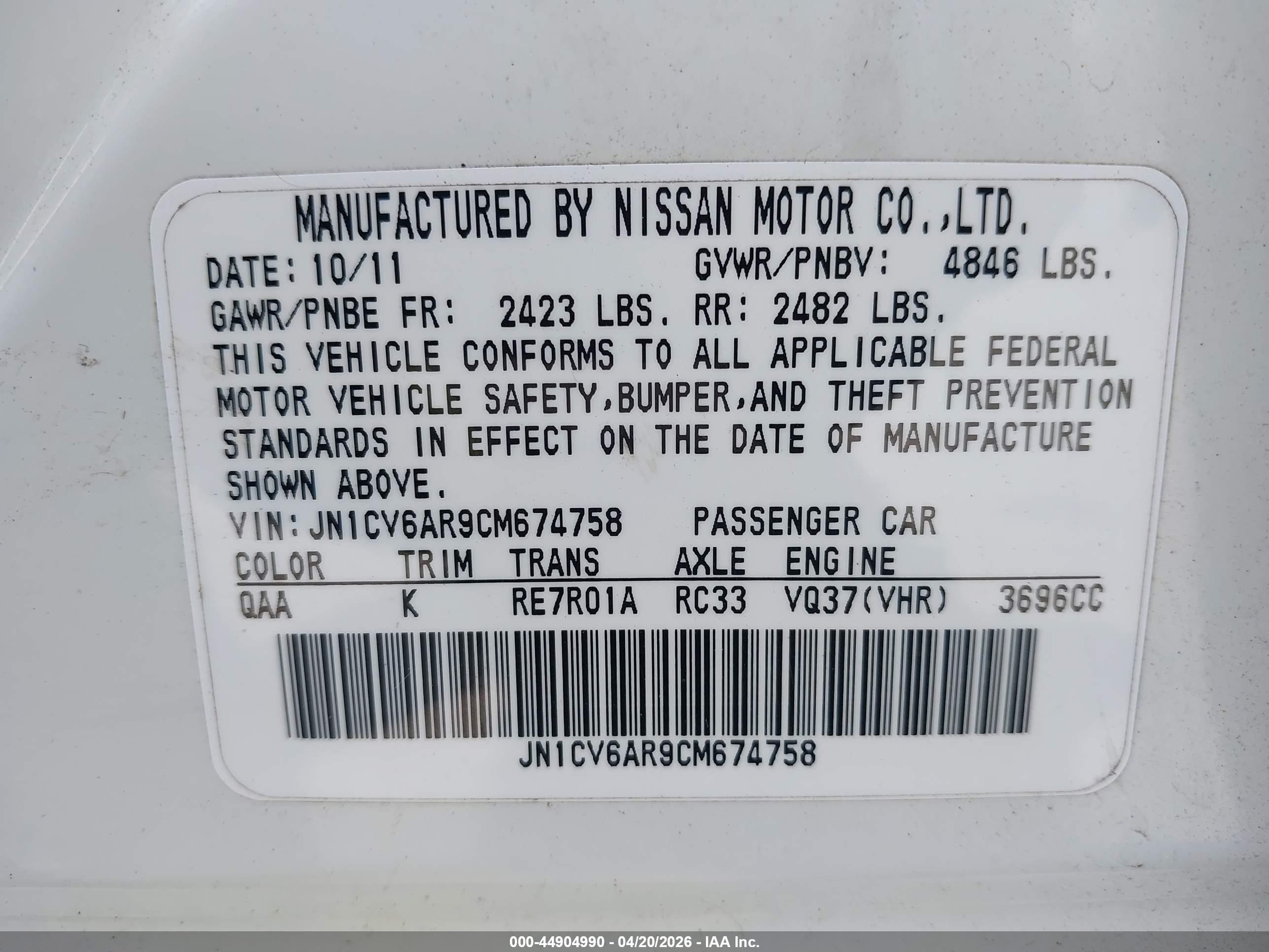 2012 Infiniti G37x   Белый vin: JN1CV6AR9CM674758
