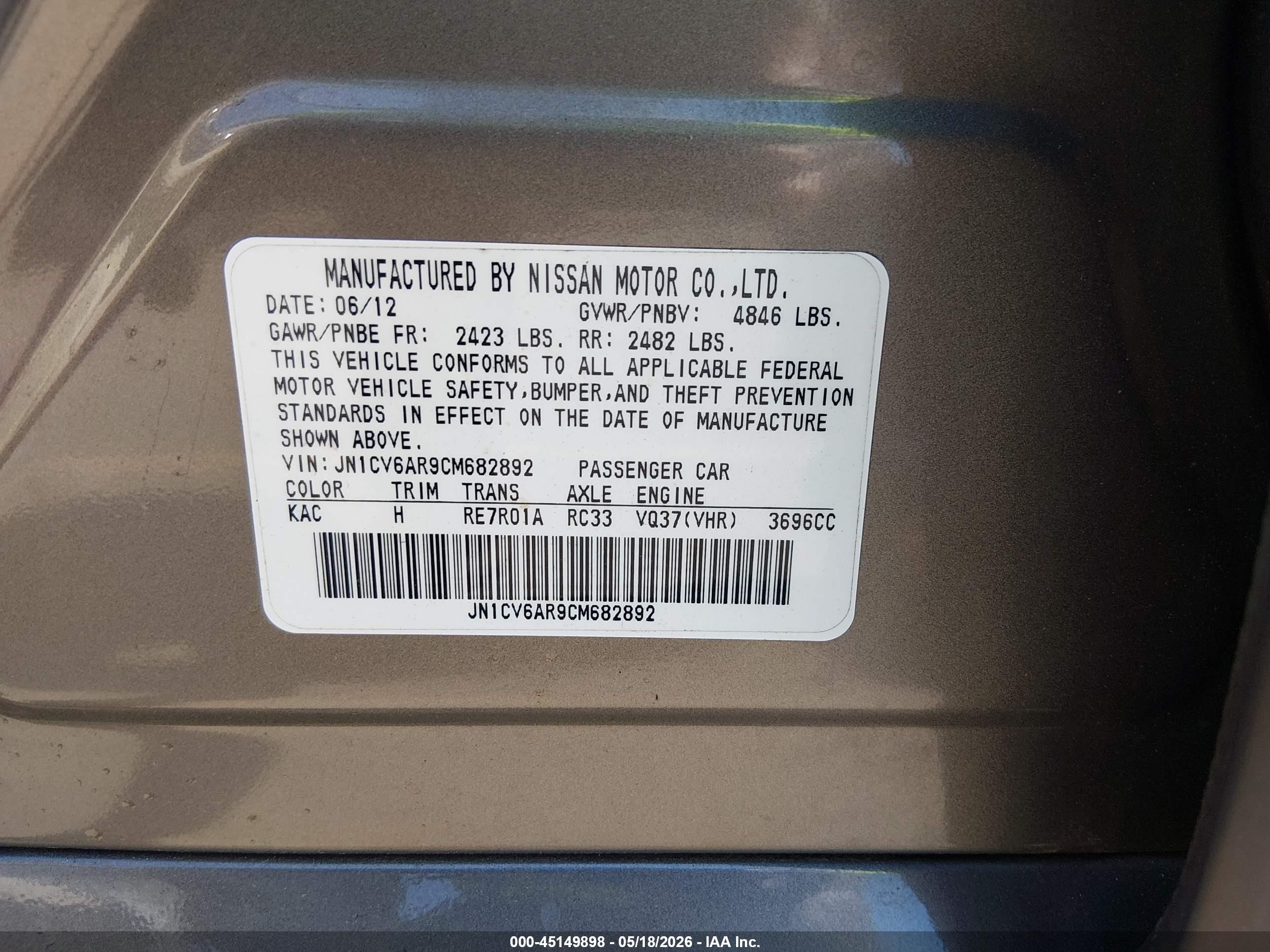 2012 Infiniti G37x   Champagne vin: JN1CV6AR9CM682892