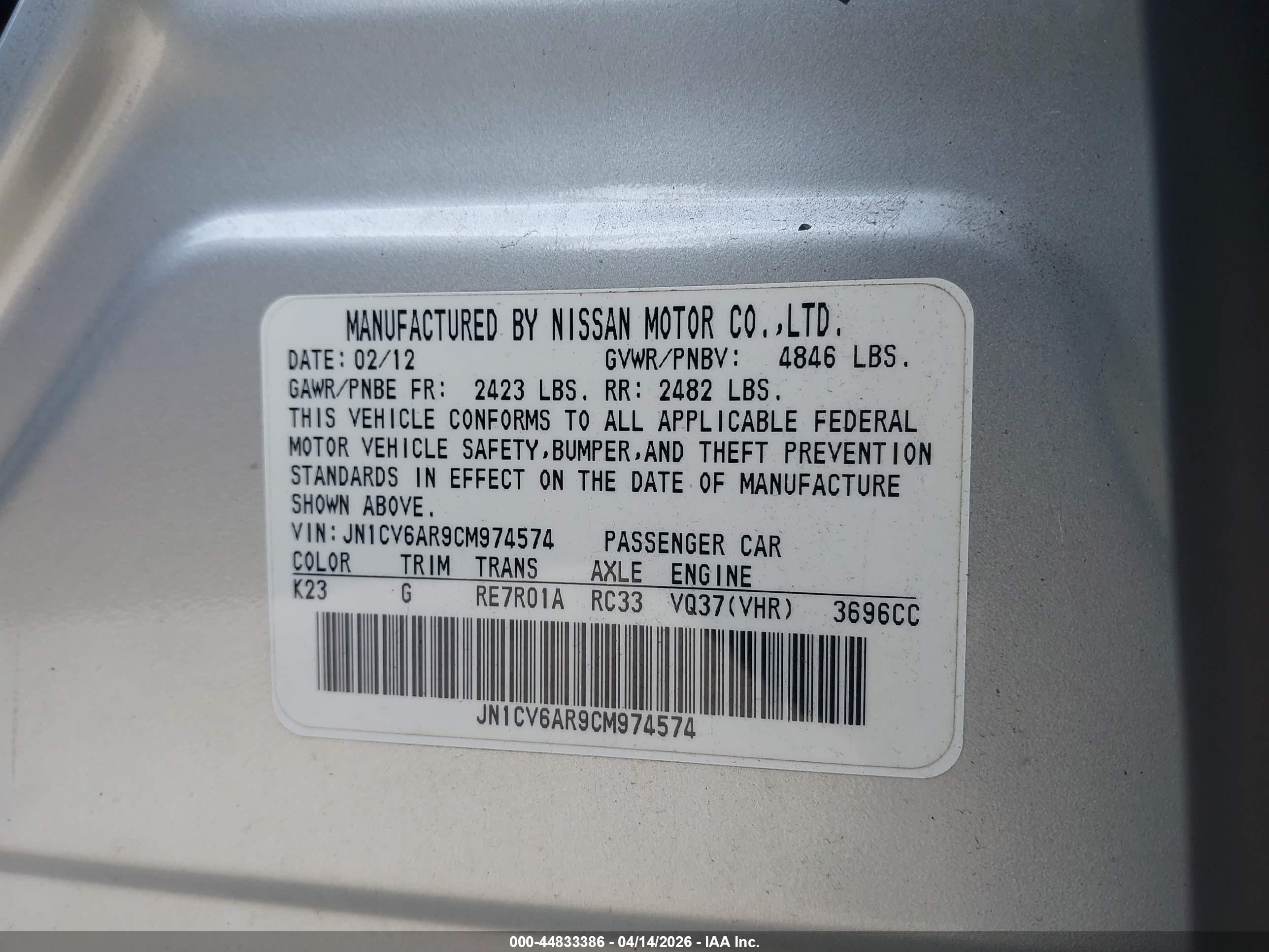 2012 Infiniti G37x   Silver vin: JN1CV6AR9CM974574