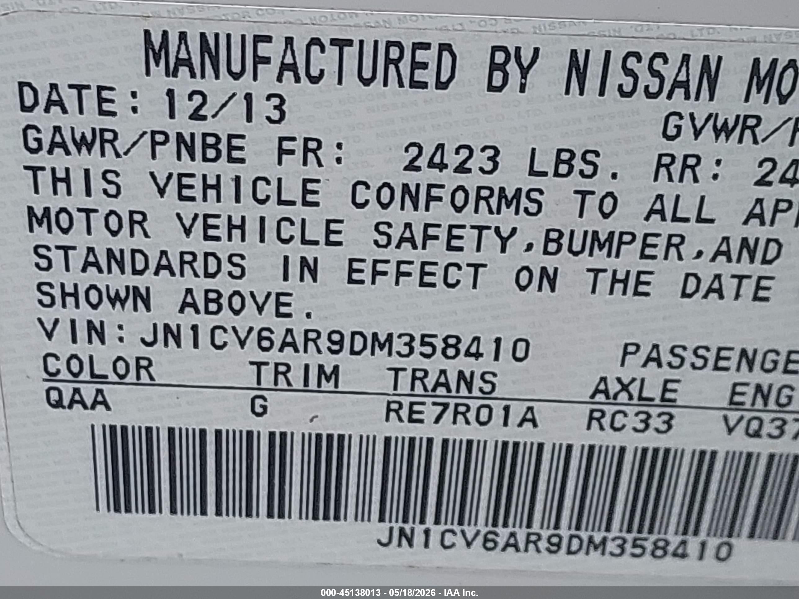 2013 Infiniti G37   White vin: JN1CV6AR9DM358410