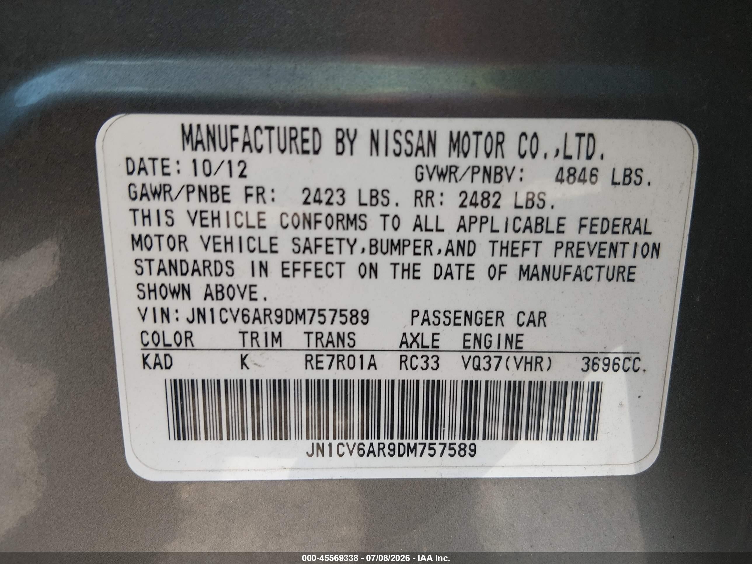 2013 Infiniti G37x   Gray vin: JN1CV6AR9DM757589