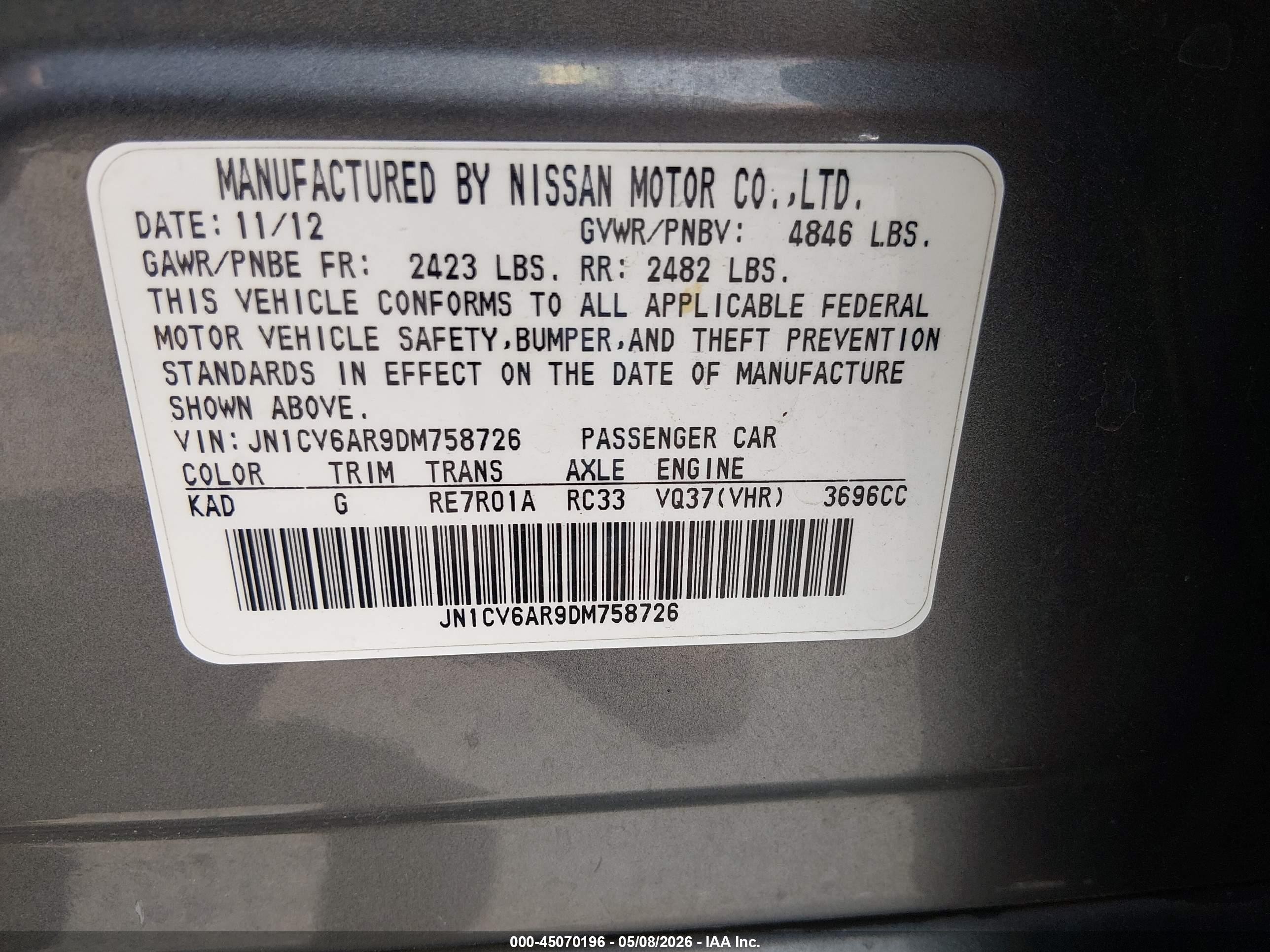 2013 Infiniti G37x   Gray vin: JN1CV6AR9DM758726