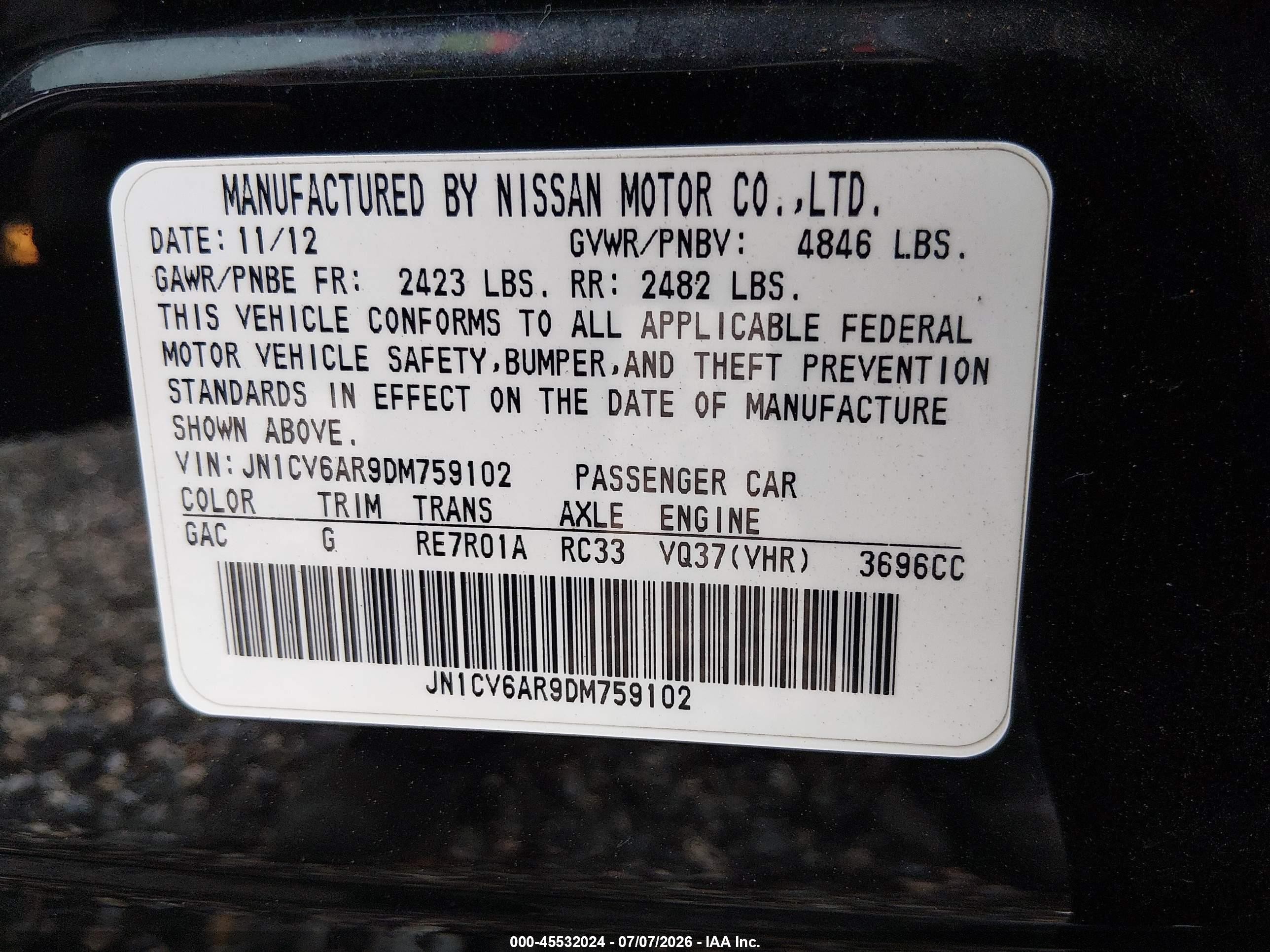2013 Infiniti G37x   Black vin: JN1CV6AR9DM759102