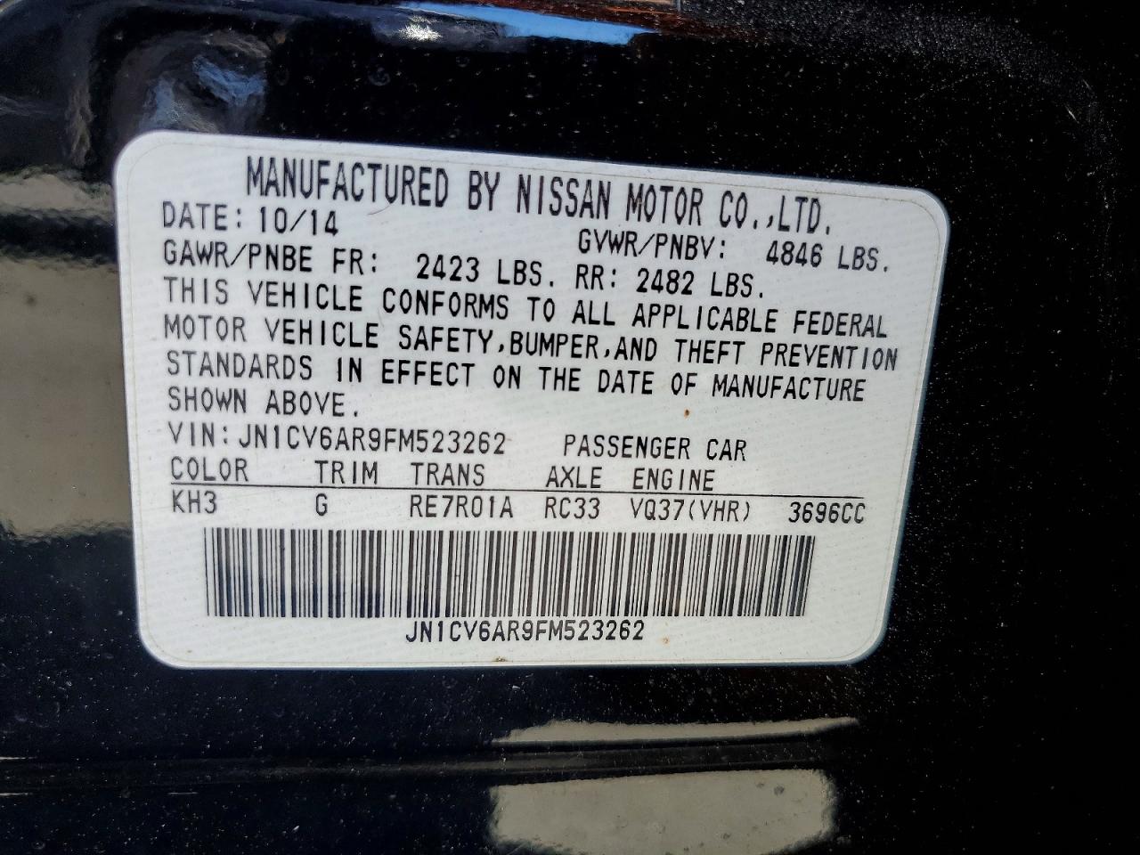 2015 Infiniti Q40 Base Черный vin: JN1CV6AR9FM523262
