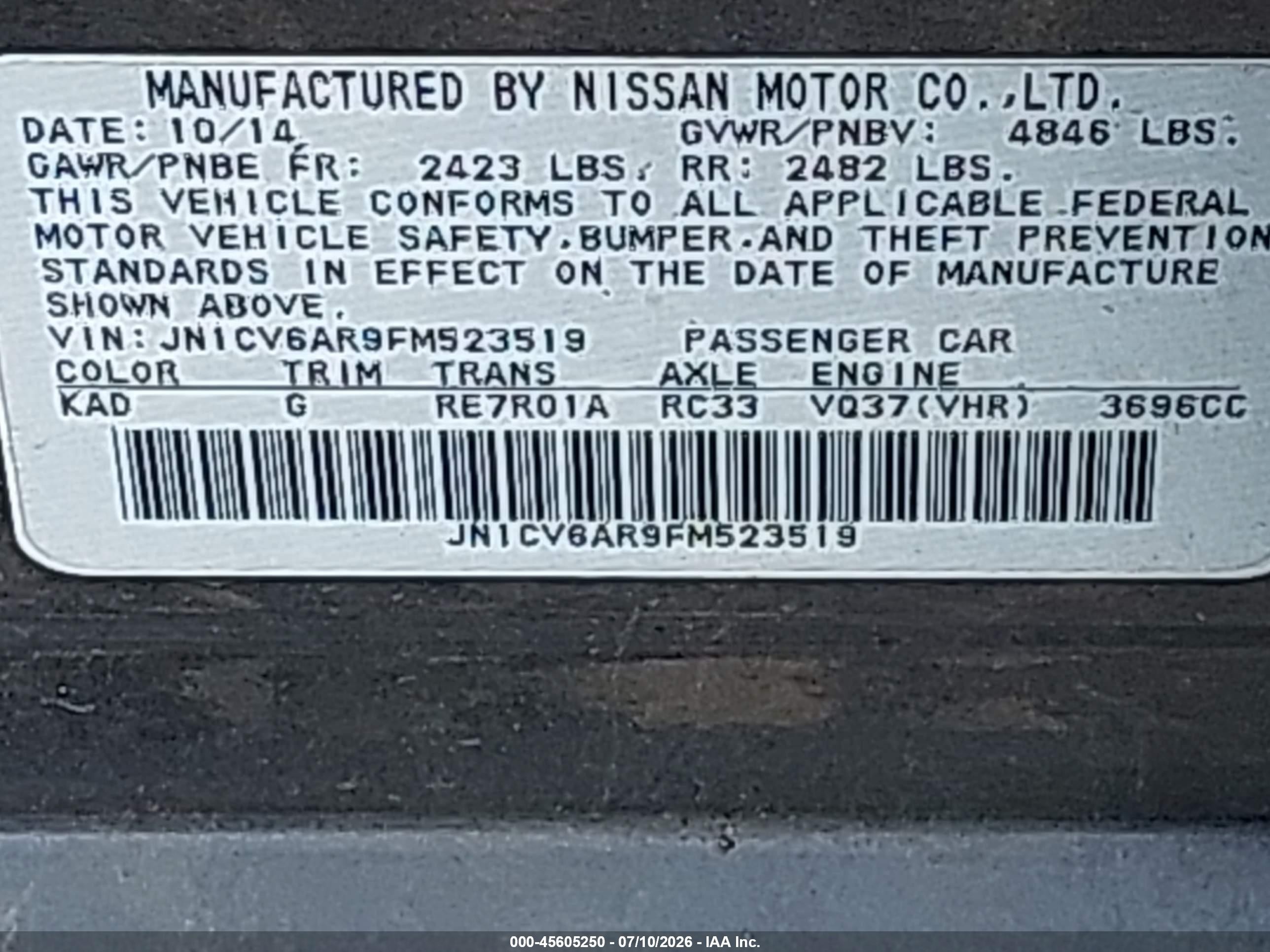 2015 Infiniti Q40   Gray vin: JN1CV6AR9FM523519
