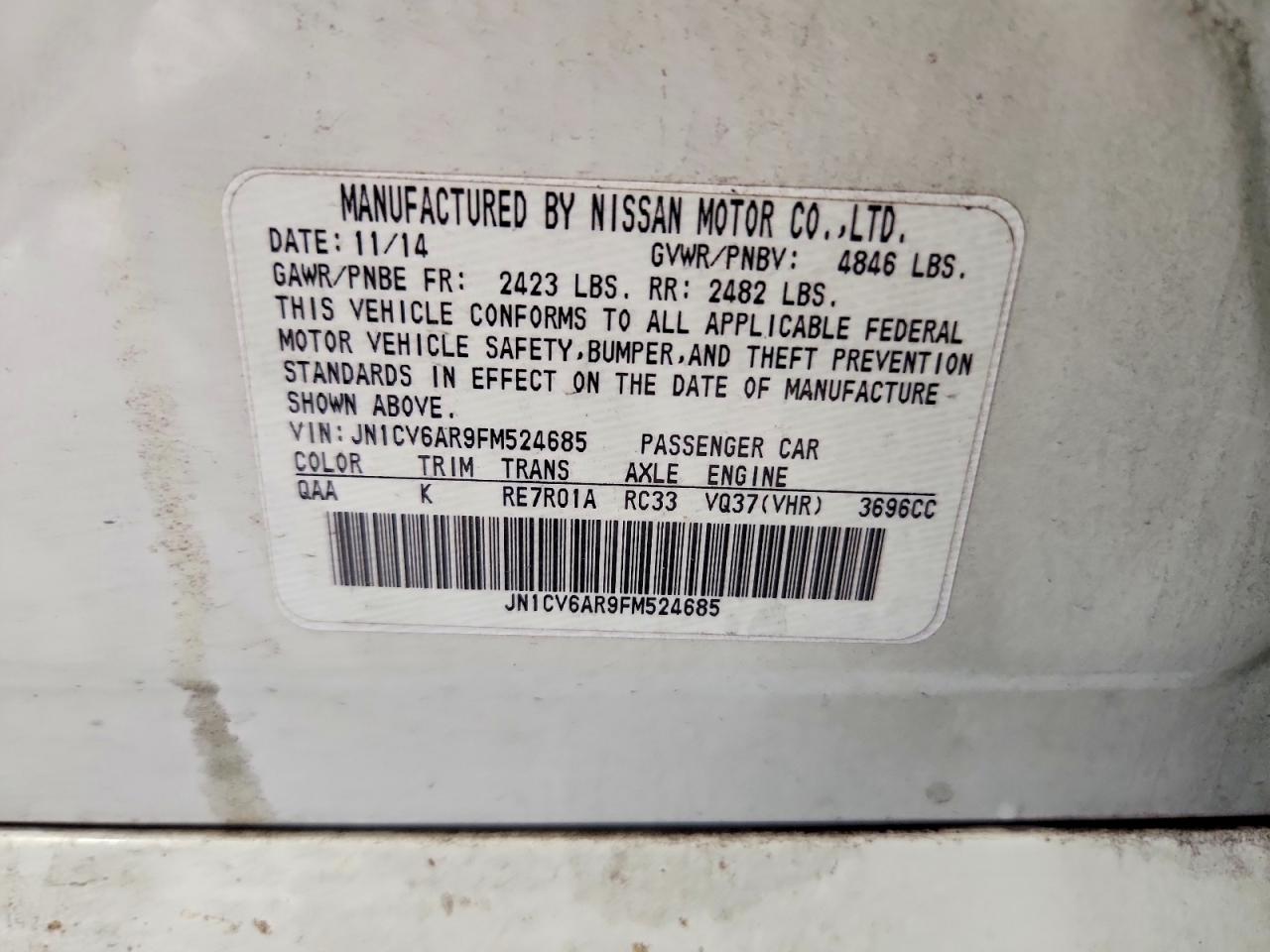 2015 Infiniti Q40 White vin: JN1CV6AR9FM524685