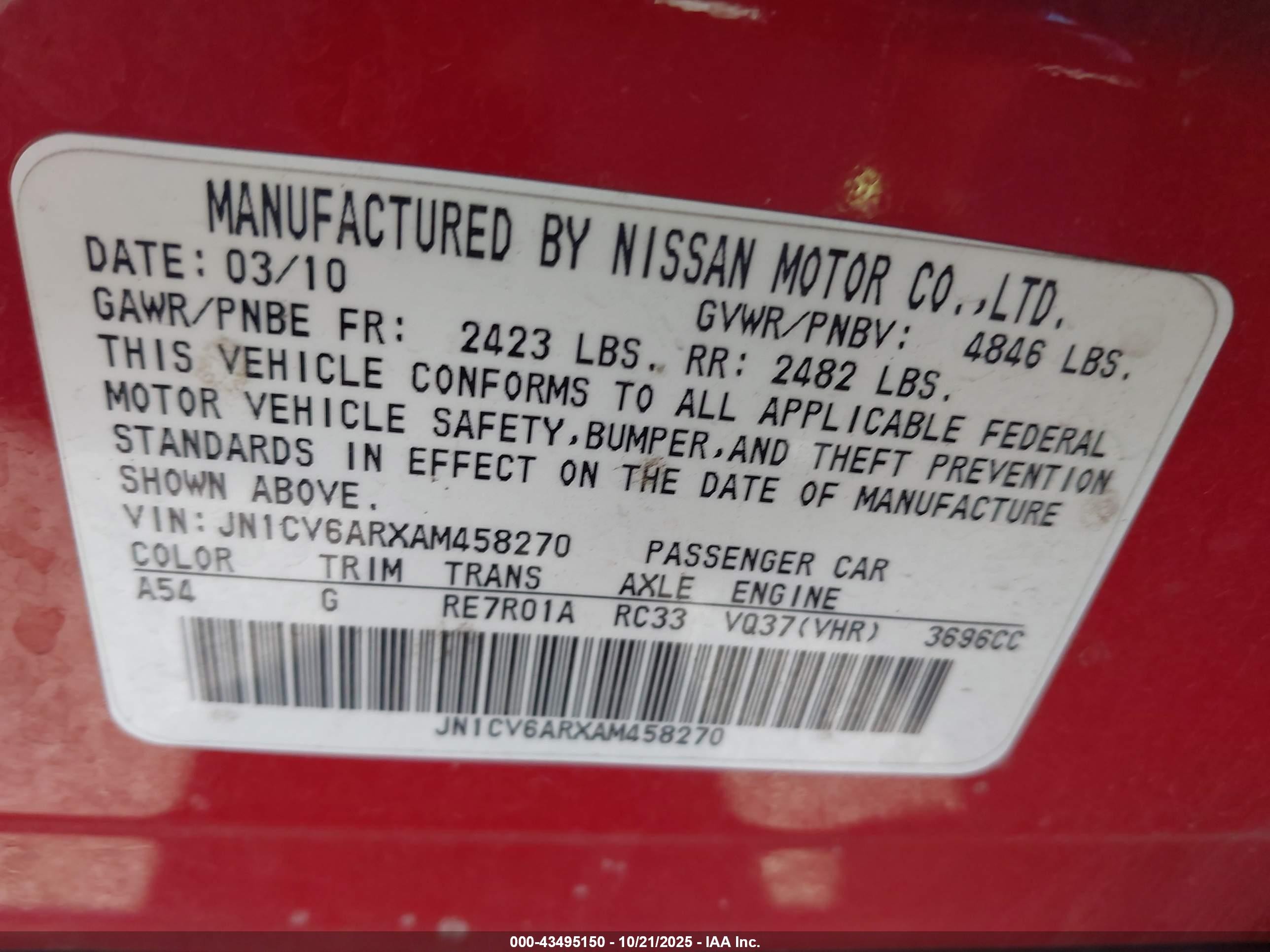 2010 Infiniti G37x   Blue vin: JN1CV6ARXAM458270