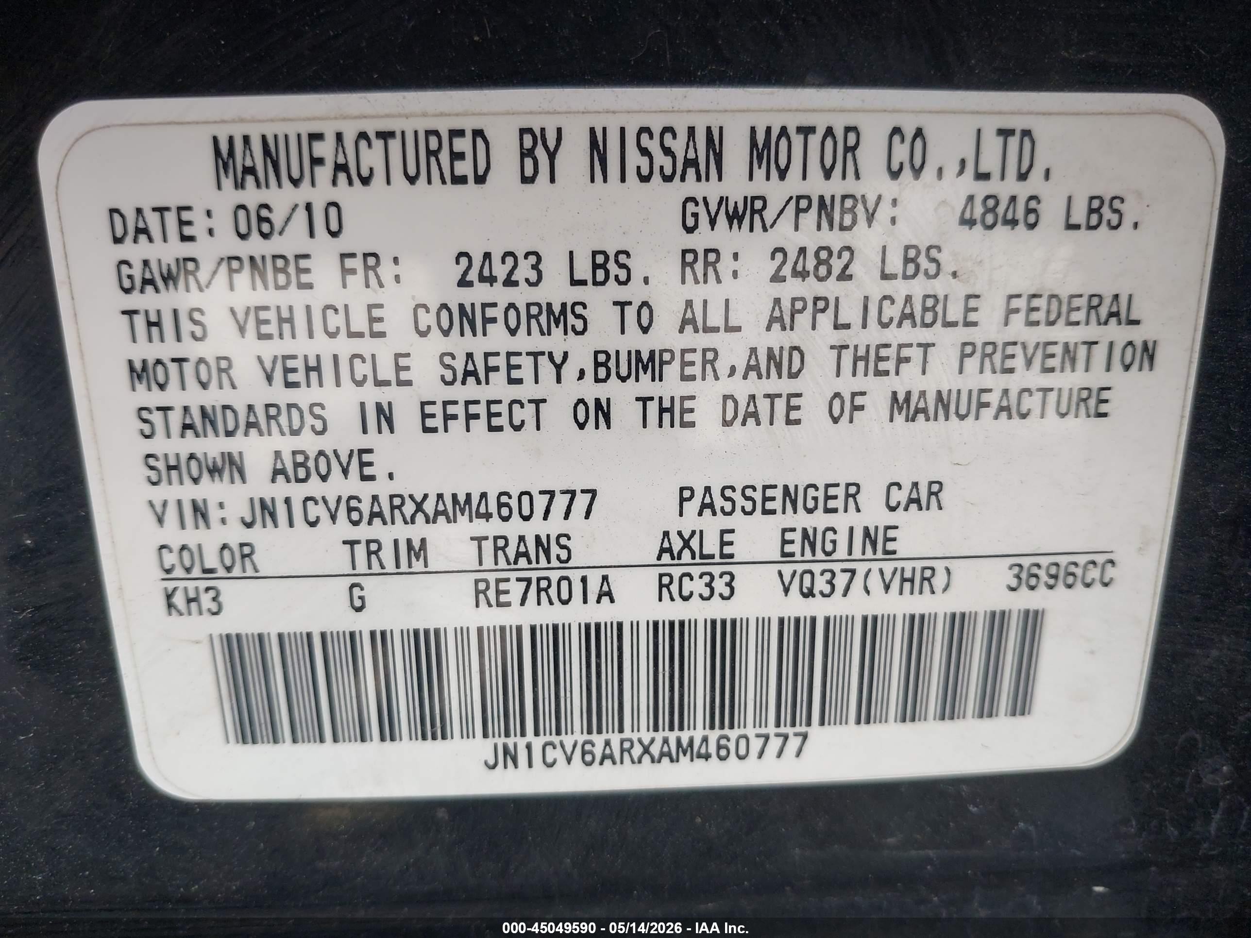 2010 Infiniti G37x   Black vin: JN1CV6ARXAM460777