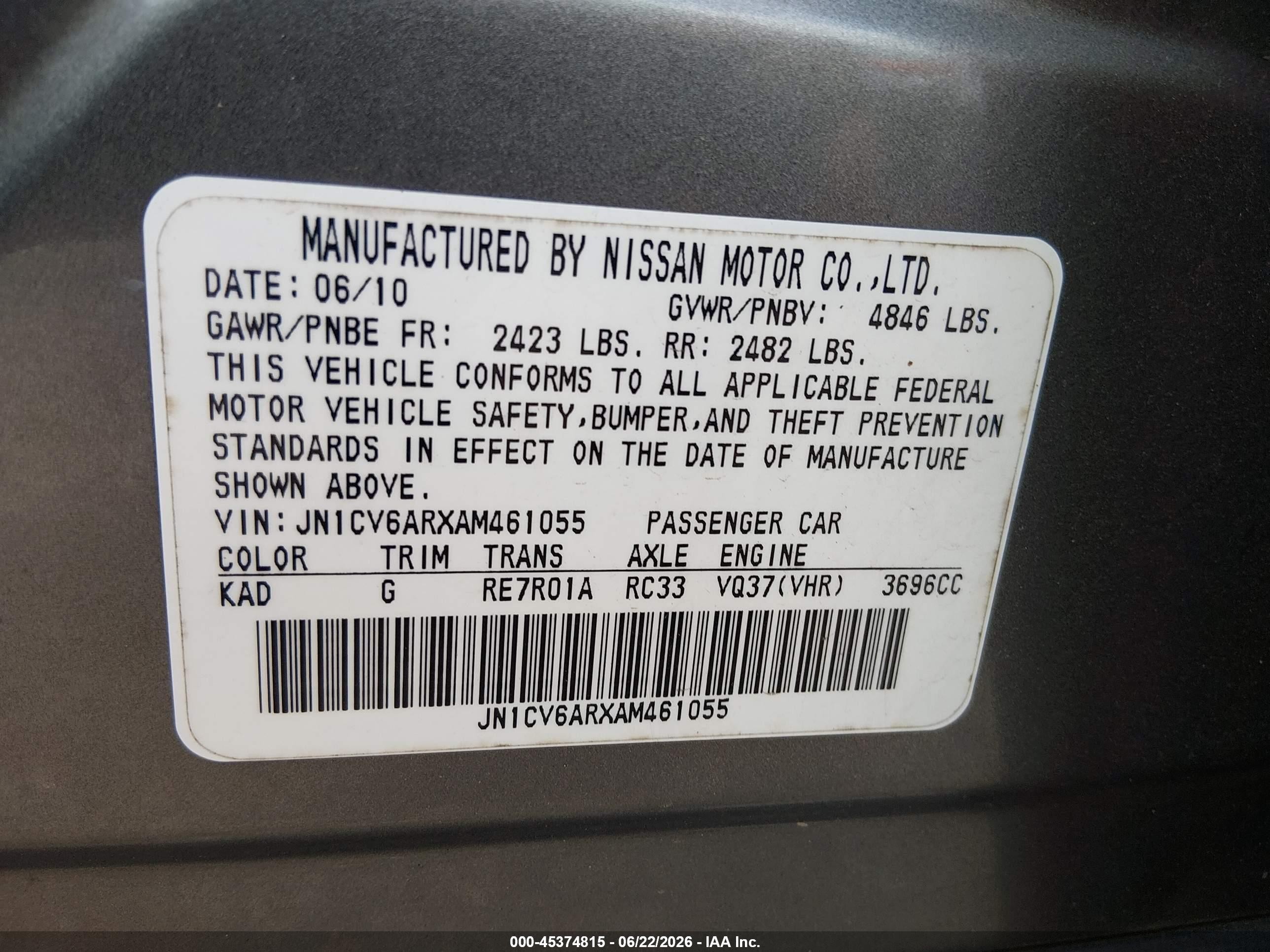 2010 Infiniti G37x   Gray vin: JN1CV6ARXAM461055