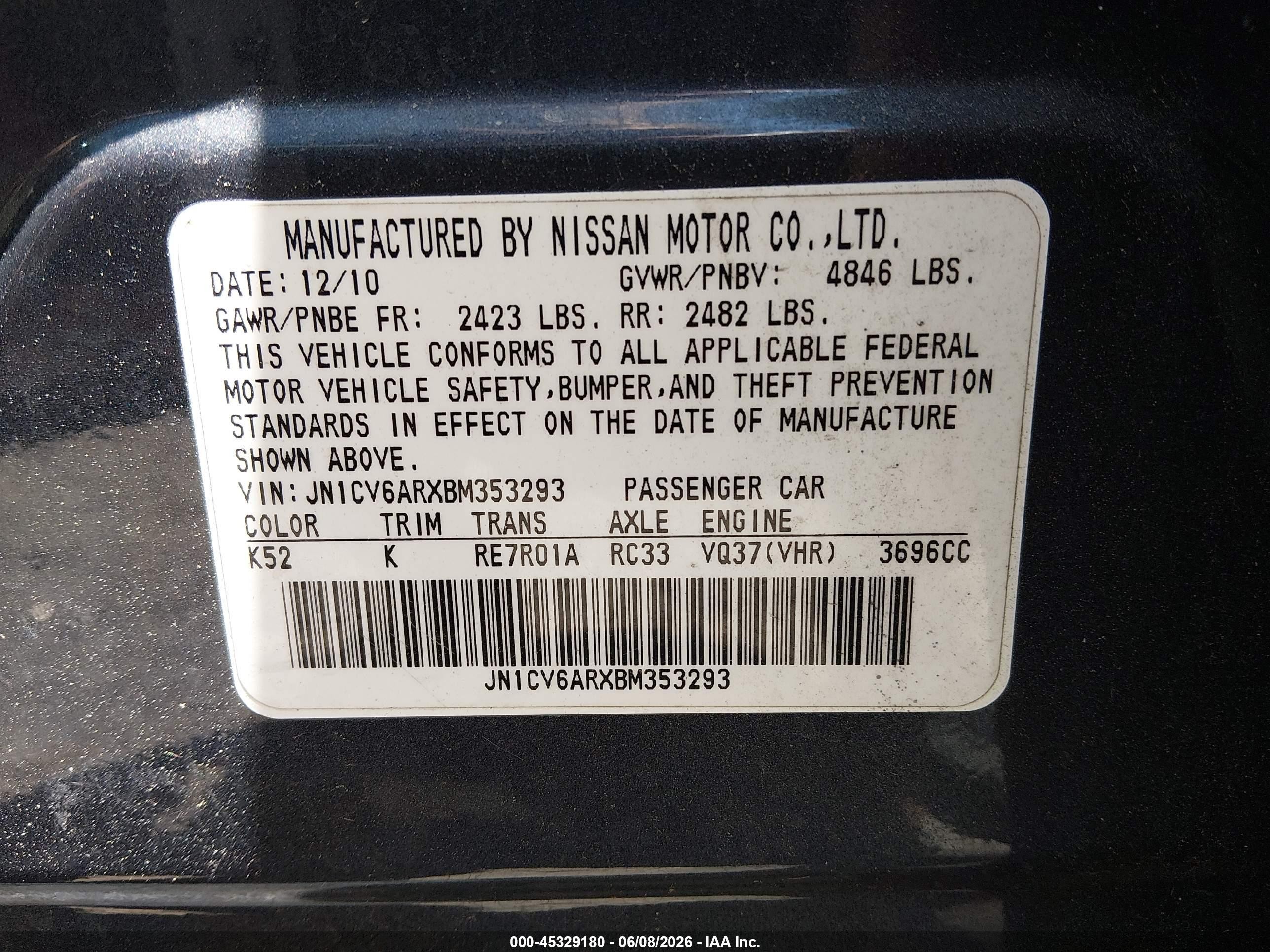 2011 Infiniti G37x   Gray vin: JN1CV6ARXBM353293
