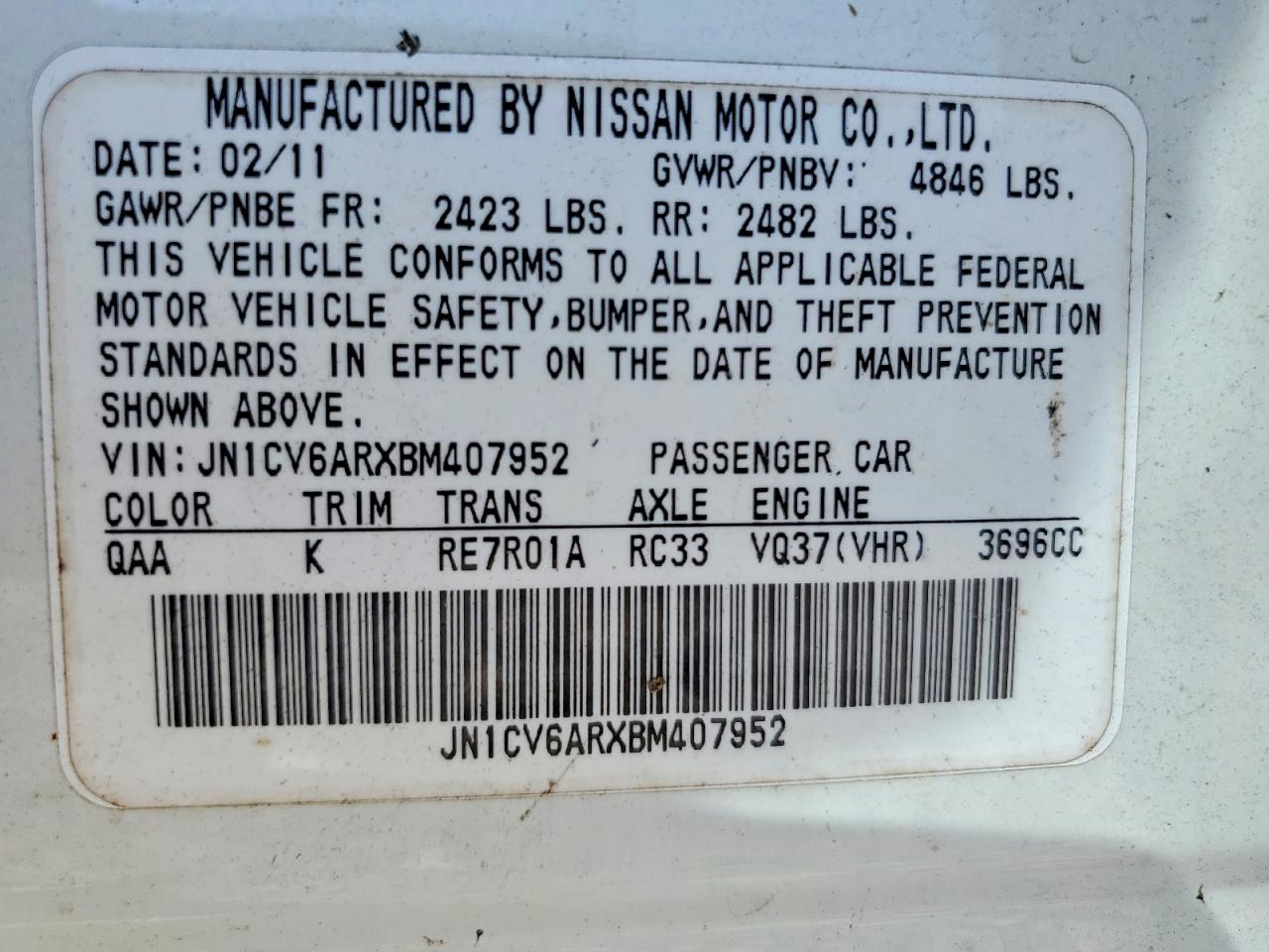2011 Infiniti G37 White vin: JN1CV6ARXBM407952
