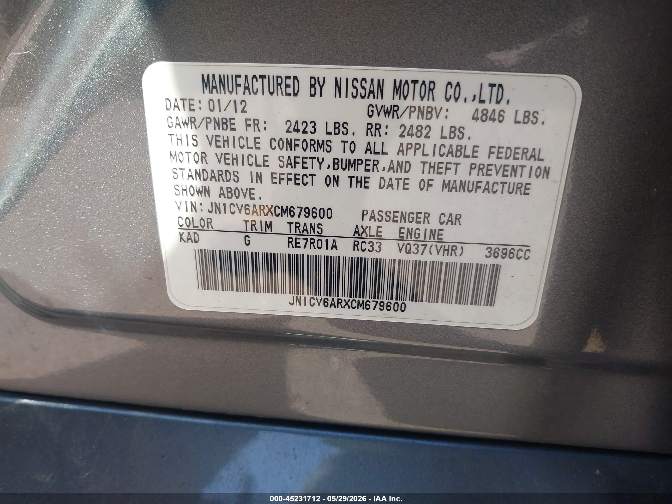 2012 Infiniti G37x   Gray vin: JN1CV6ARXCM679600