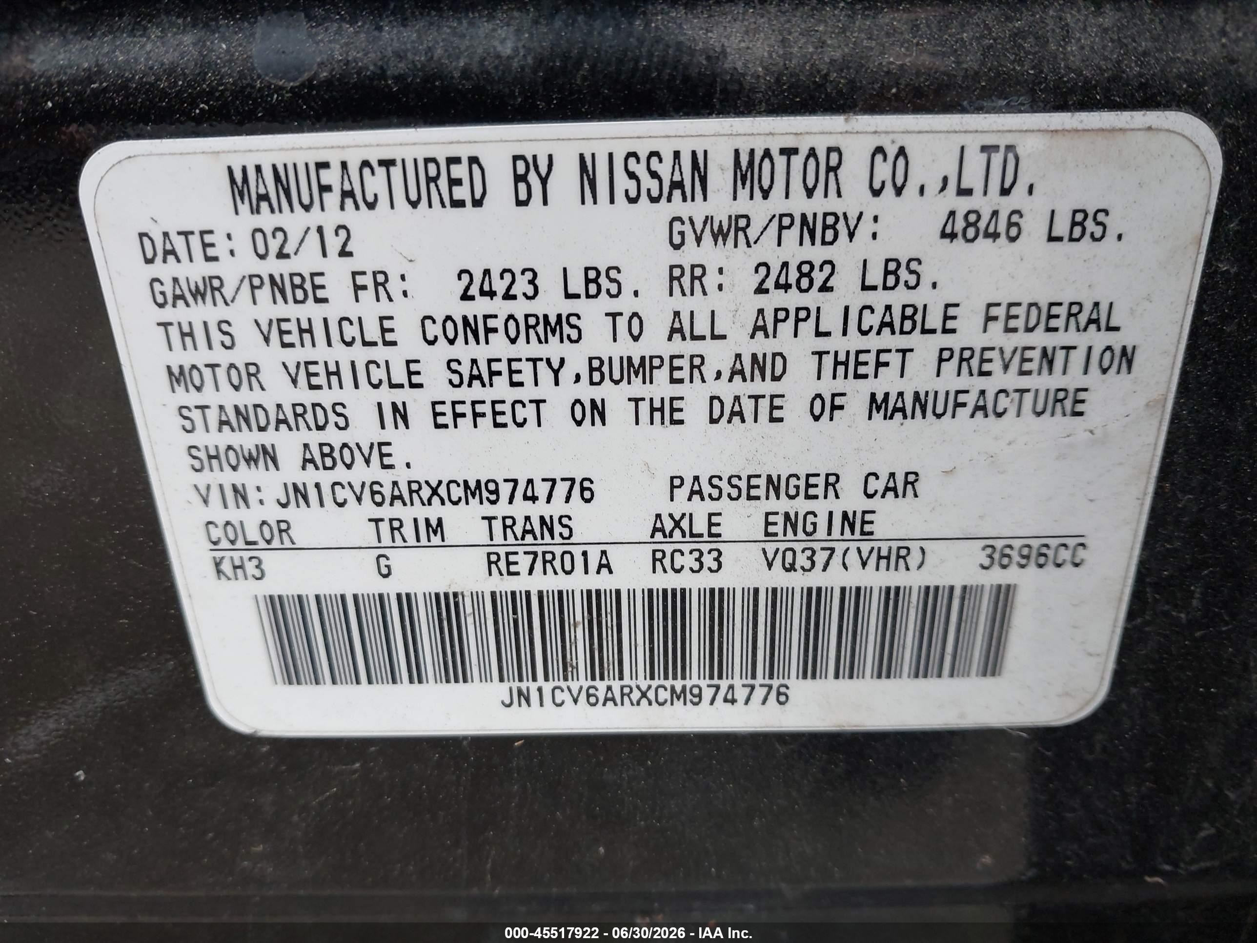 2012 Infiniti G37x   Black vin: JN1CV6ARXCM974776