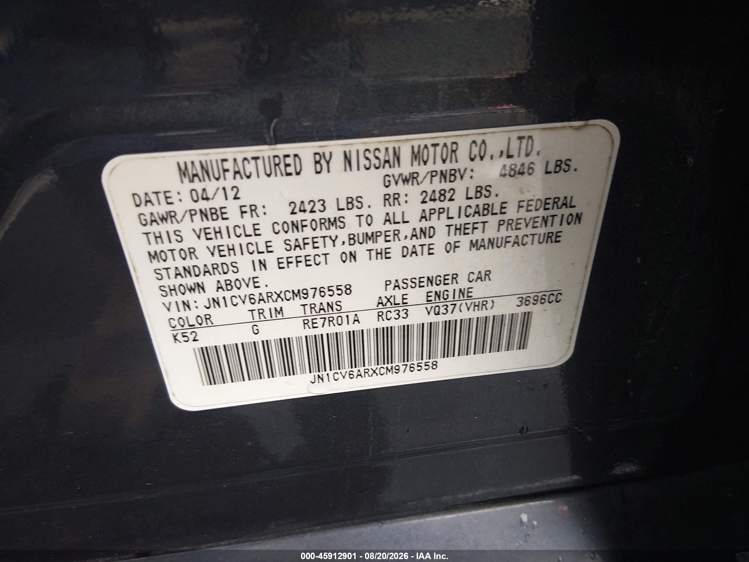 2012 Infiniti G37x   Black vin: JN1CV6ARXCM976558