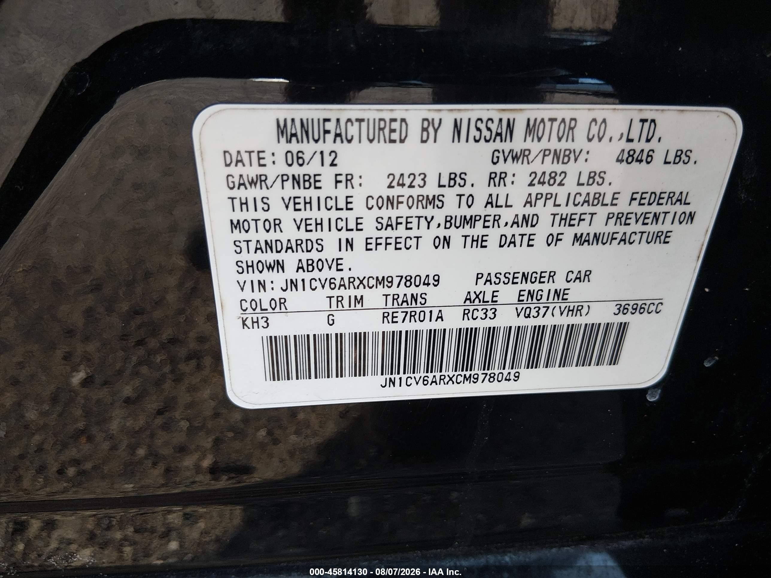 2012 Infiniti G37x Black vin: JN1CV6ARXCM978049