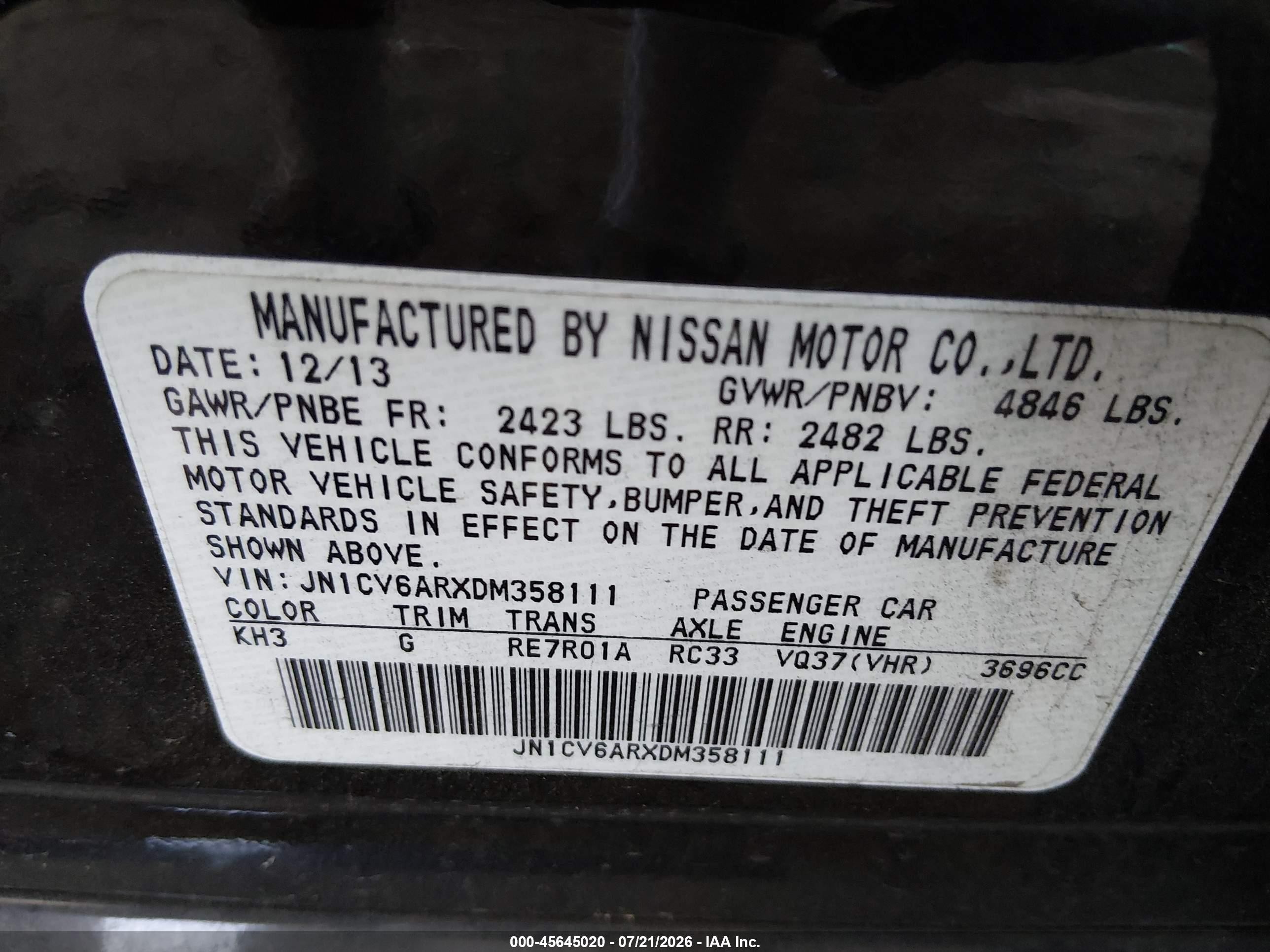 2013 Infiniti G37x   Black vin: JN1CV6ARXDM358111