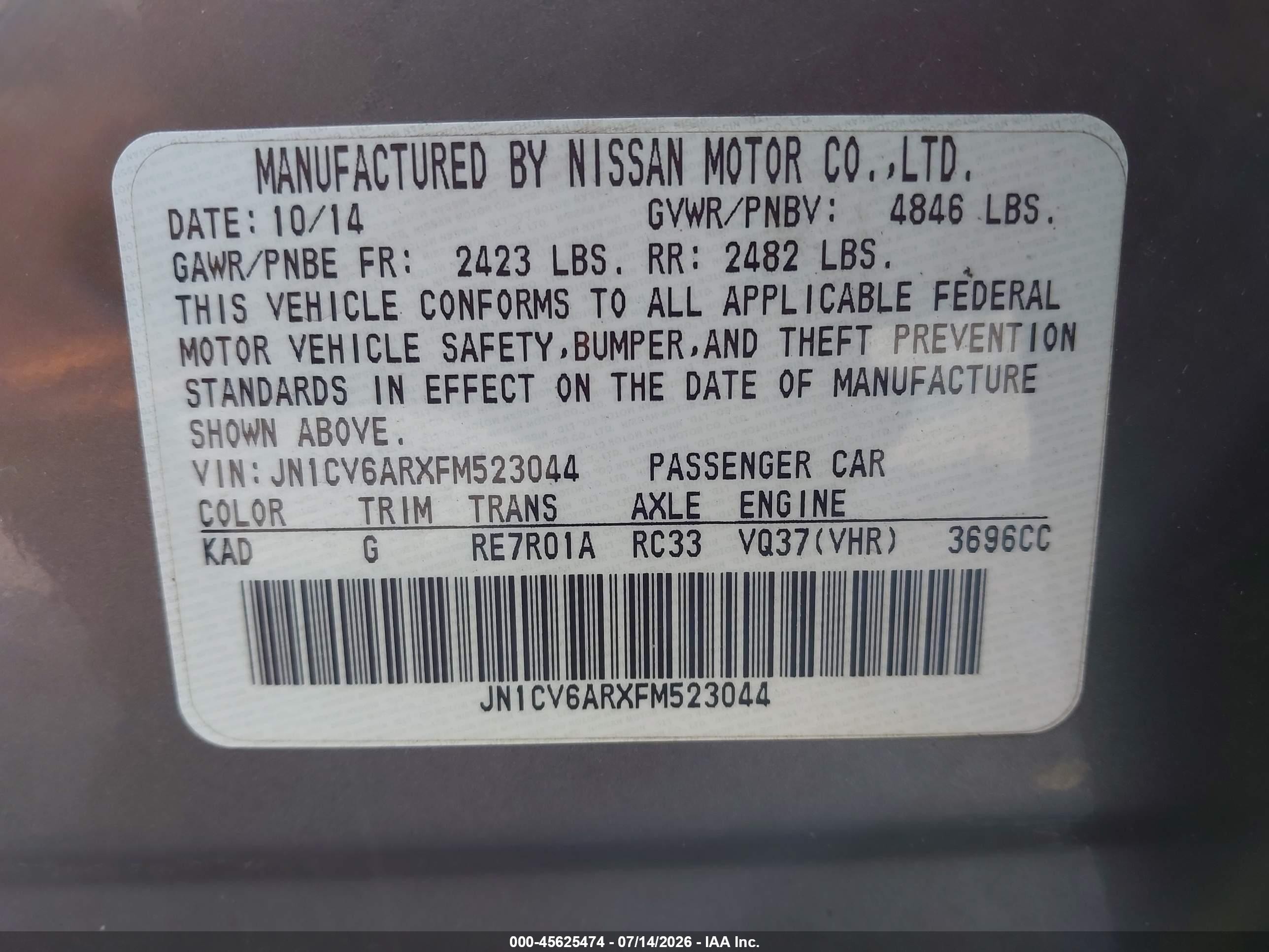 2015 Infiniti Q40   Gray vin: JN1CV6ARXFM523044